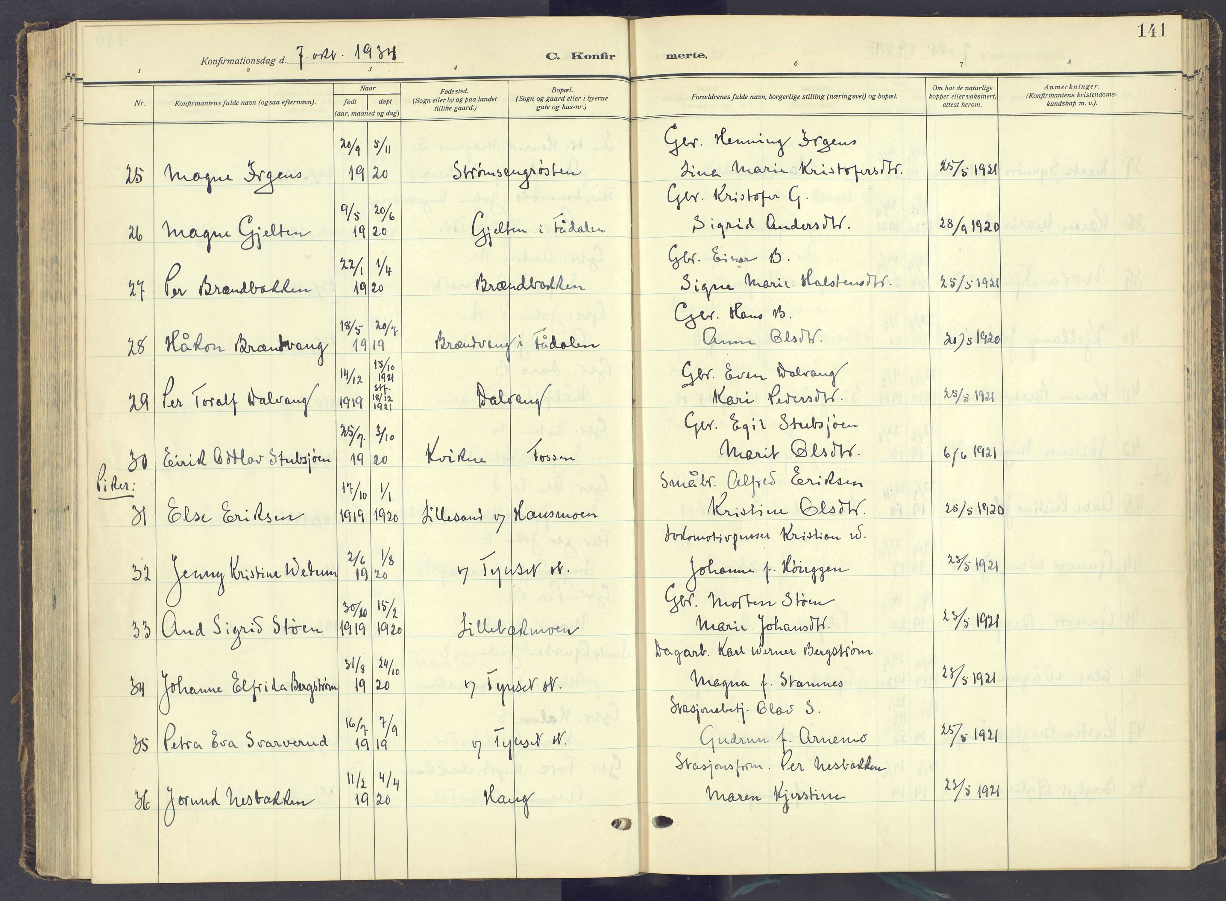 Tynset prestekontor, AV/SAH-PREST-058/H/Ha/Haa/L0027: Parish register (official) no. 27, 1930-1944, p. 141