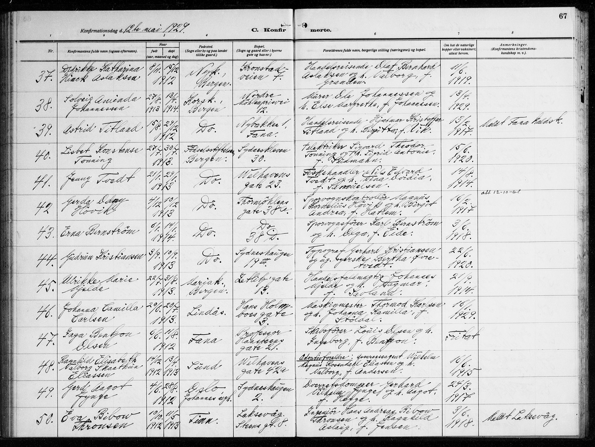 Johanneskirken sokneprestembete, AV/SAB-A-76001/H/Haa/L0010: Parish register (official) no. C 3, 1925-1935, p. 67