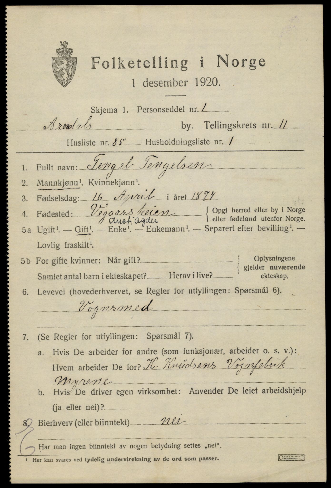 SAK, 1920 census for Arendal, 1920, p. 19038