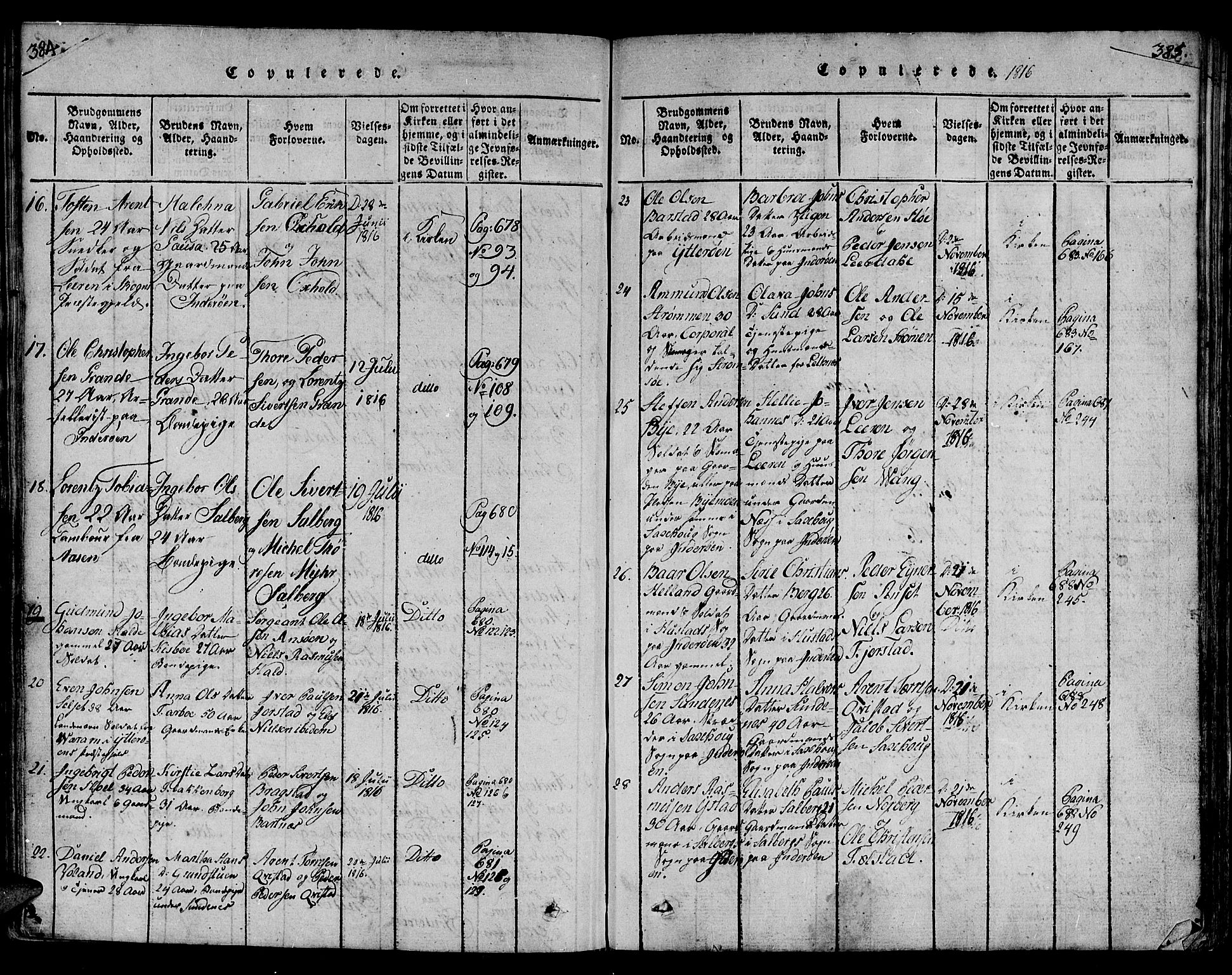 Ministerialprotokoller, klokkerbøker og fødselsregistre - Nord-Trøndelag, SAT/A-1458/730/L0275: Parish register (official) no. 730A04, 1816-1822, p. 384-385