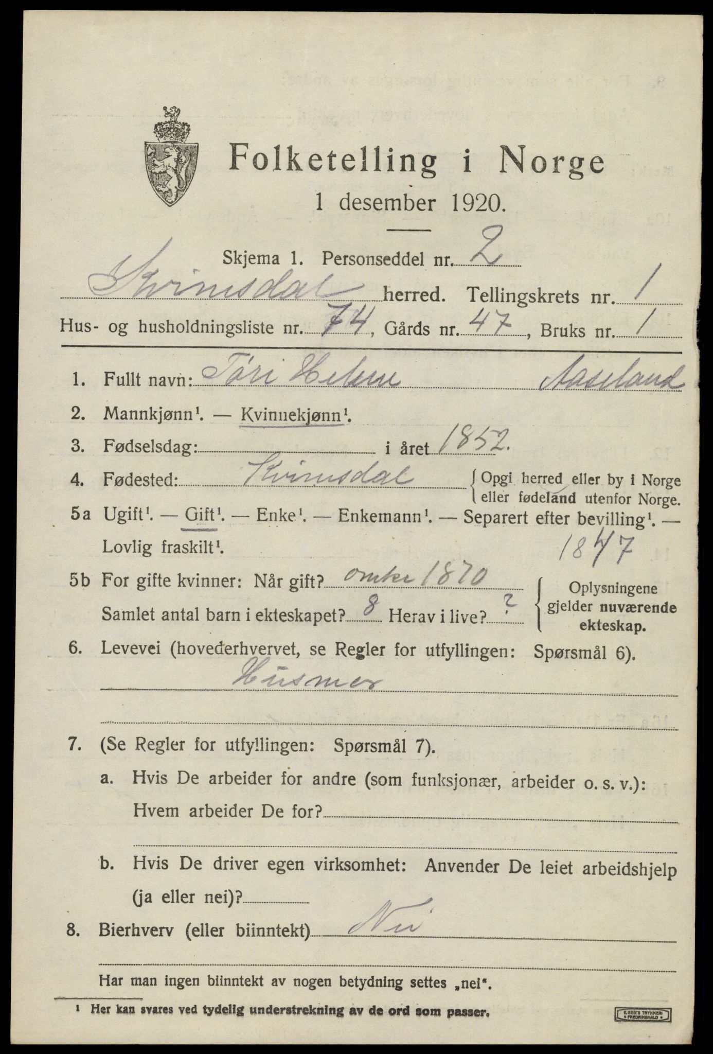 SAK, 1920 census for Kvinesdal, 1920, p. 1935