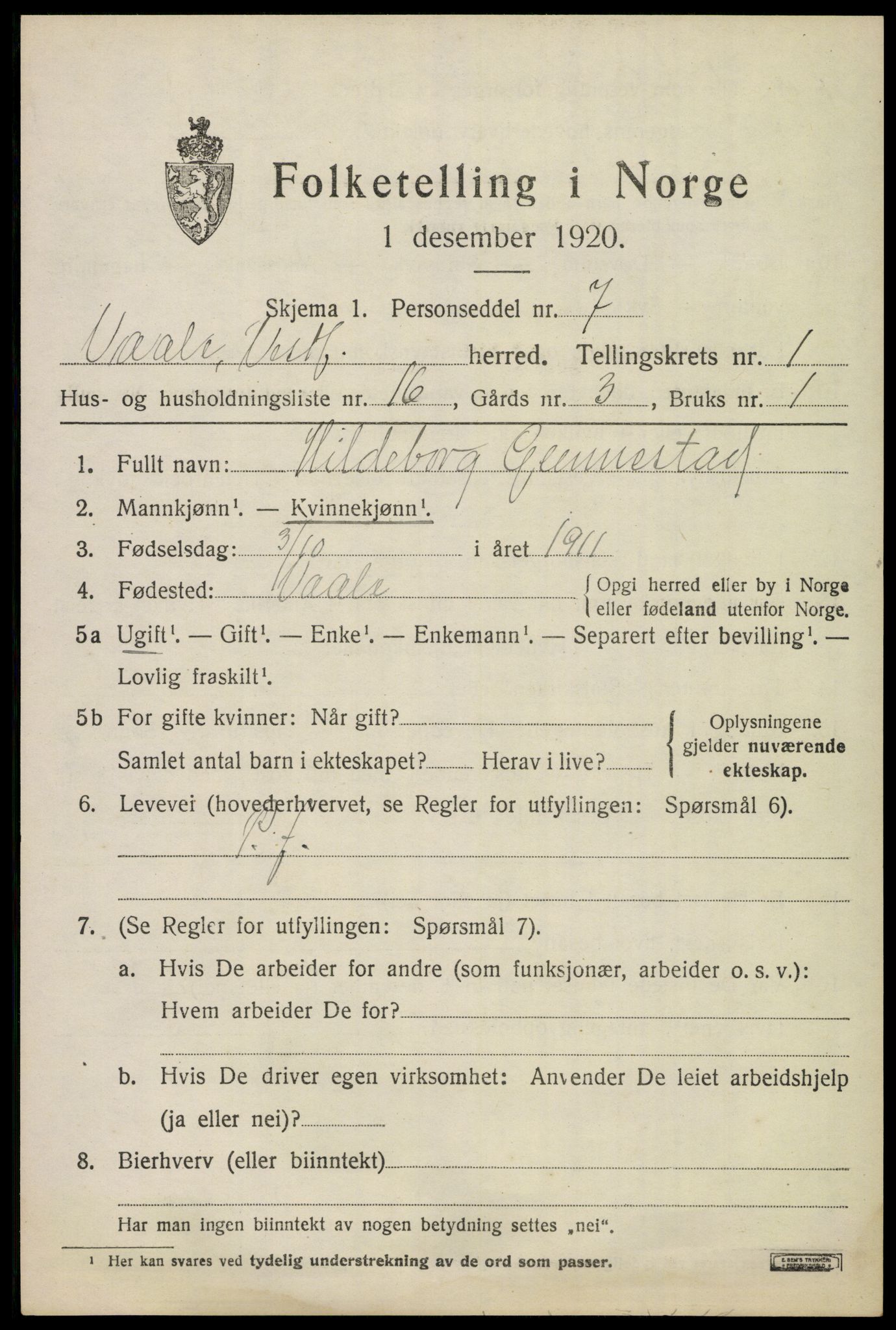 SAKO, 1920 census for Våle, 1920, p. 1246
