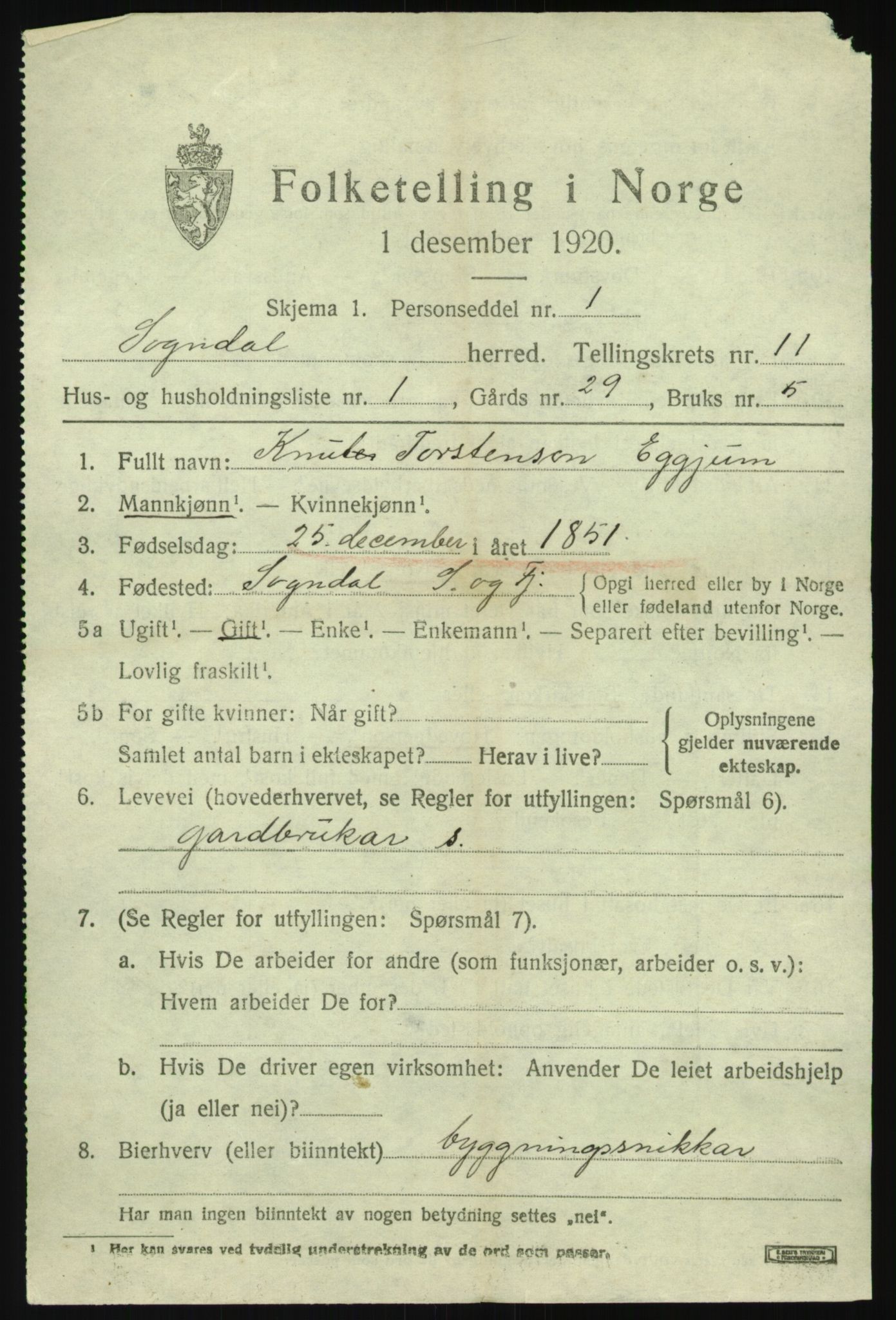 SAB, 1920 census for Sogndal, 1920, p. 4897