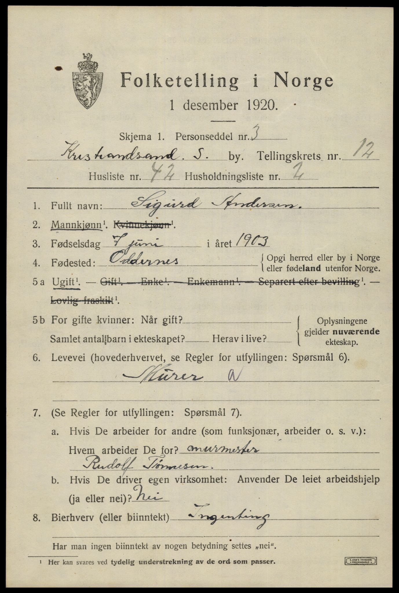 SAK, 1920 census for Kristiansand, 1920, p. 26769