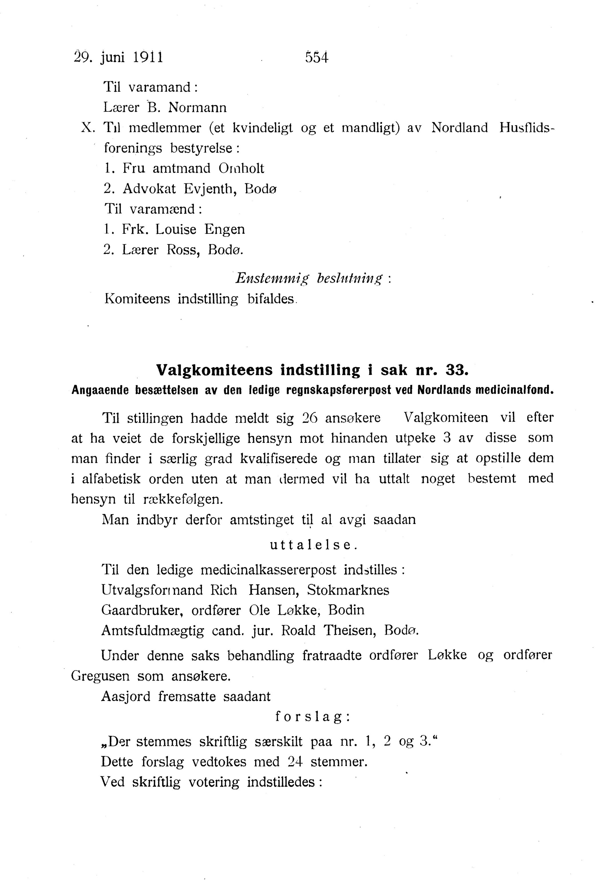 Nordland Fylkeskommune. Fylkestinget, AIN/NFK-17/176/A/Ac/L0034: Fylkestingsforhandlinger 1911, 1911