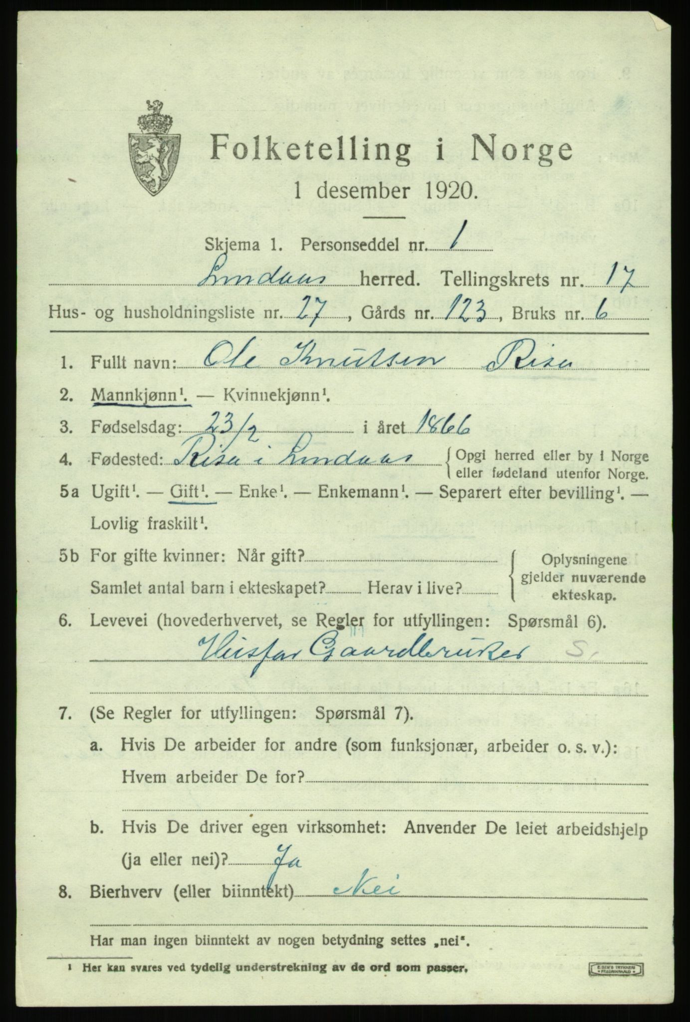 SAB, 1920 census for Lindås, 1920, p. 9297