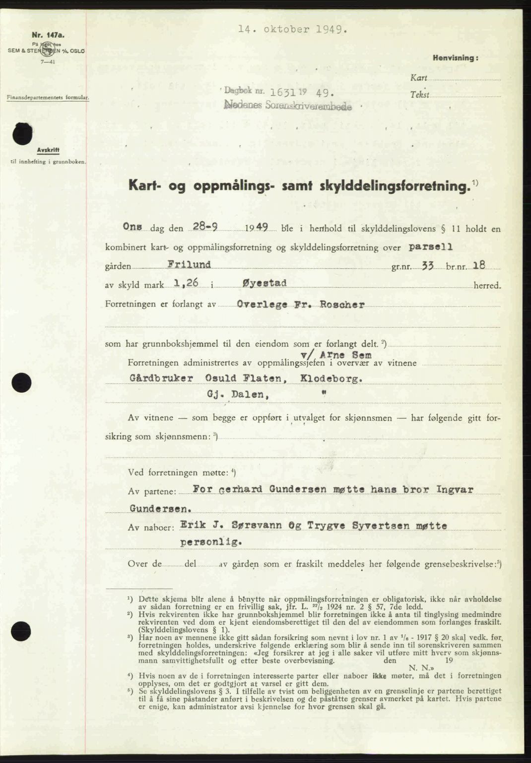 Nedenes sorenskriveri, AV/SAK-1221-0006/G/Gb/Gba/L0061: Mortgage book no. A13, 1949-1949, Diary no: : 1631/1949