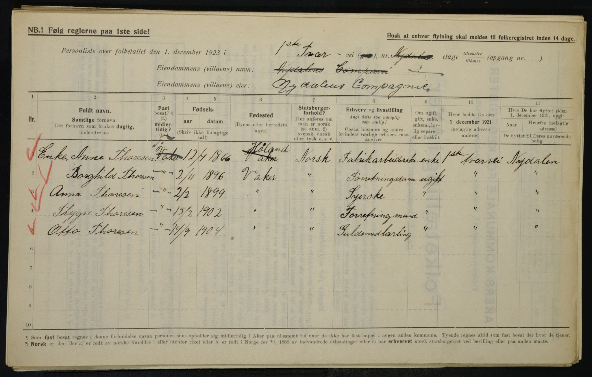 , Municipal Census 1923 for Aker, 1923, p. 19918