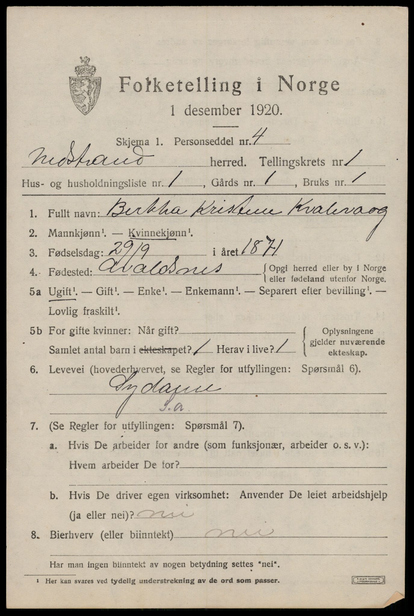 SAST, 1920 census for Nedstrand, 1920, p. 615