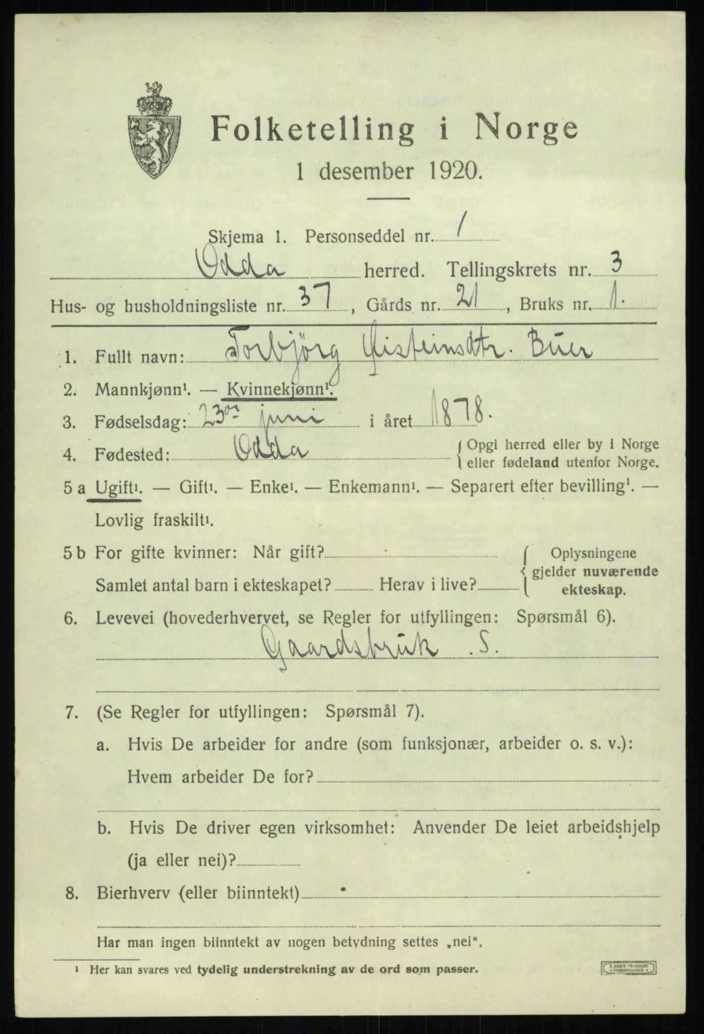 SAB, 1920 census for Odda, 1920, p. 2567