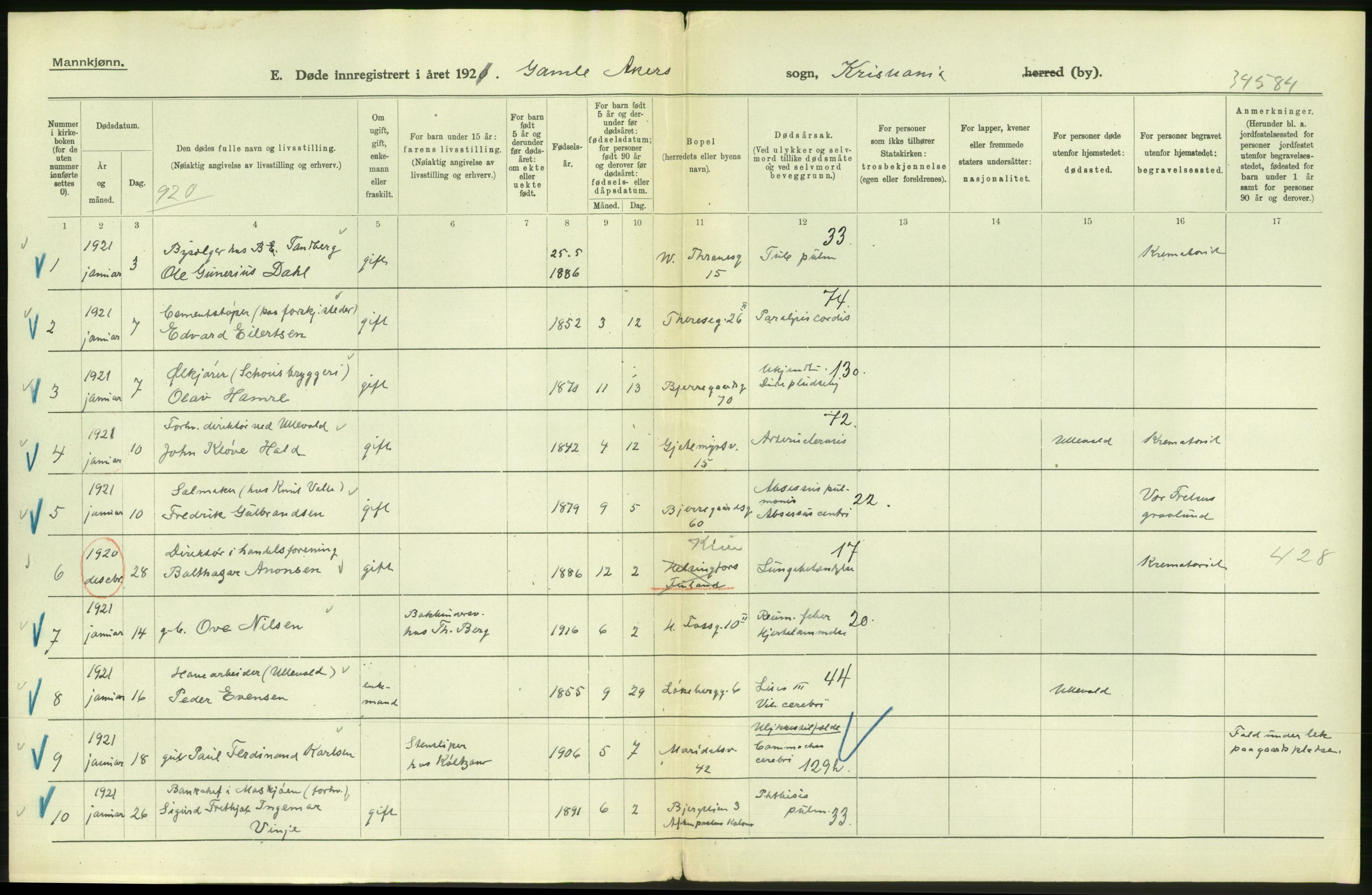 Statistisk sentralbyrå, Sosiodemografiske emner, Befolkning, RA/S-2228/D/Df/Dfc/Dfca/L0012: Kristiania: Døde, 1921, p. 2