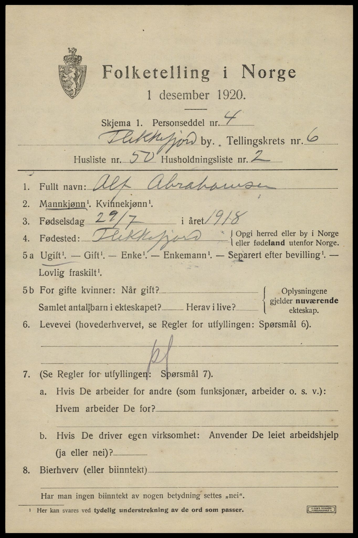 SAK, 1920 census for Flekkefjord, 1920, p. 6380
