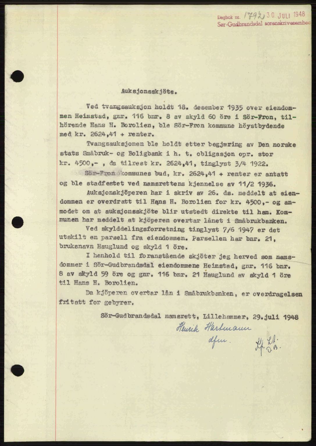 Sør-Gudbrandsdal tingrett, SAH/TING-004/H/Hb/Hbd/L0022: Mortgage book no. A22, 1948-1948, Diary no: : 1792/1948