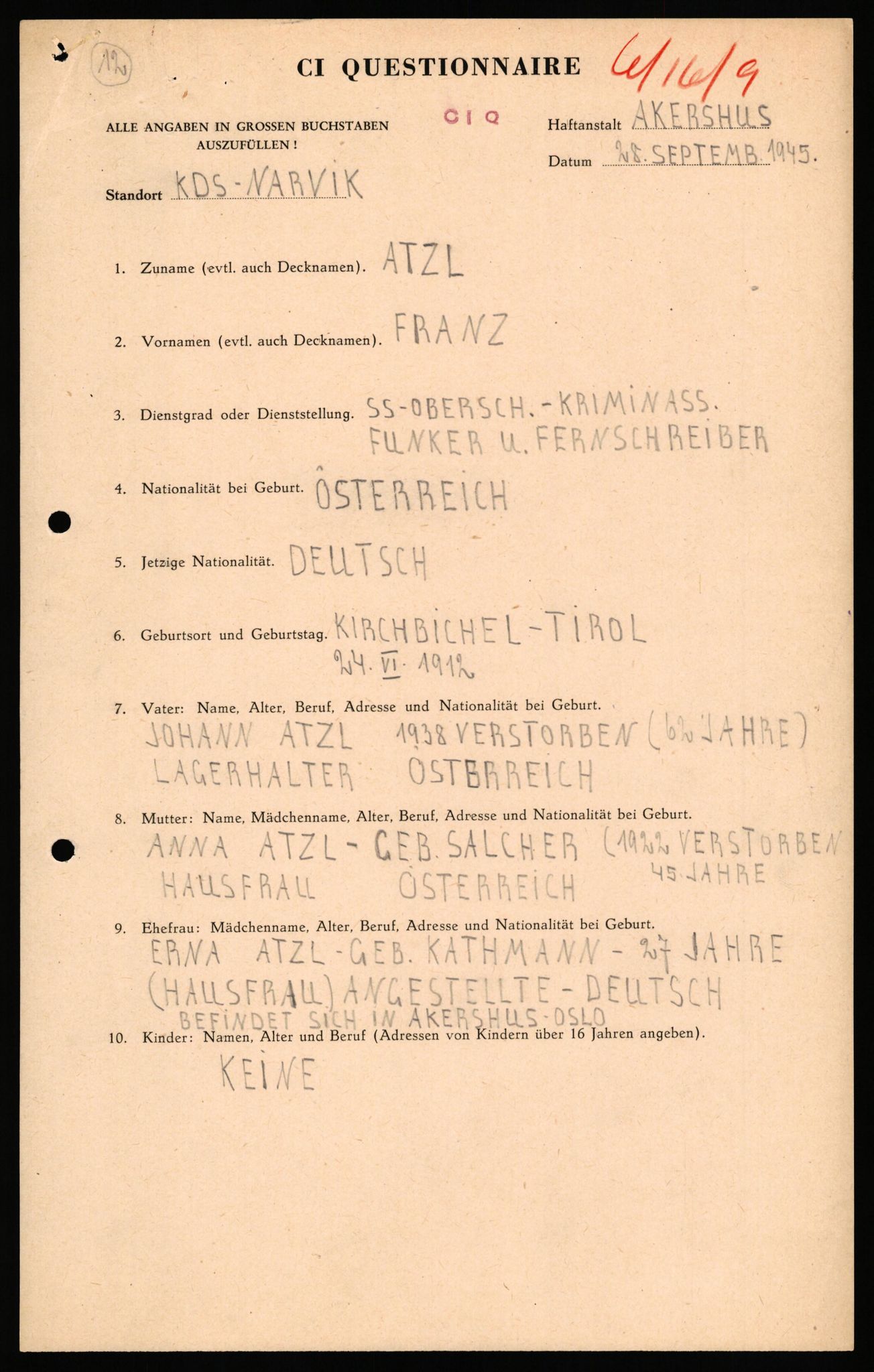 Forsvaret, Forsvarets overkommando II, AV/RA-RAFA-3915/D/Db/L0038: CI Questionaires. Tyske okkupasjonsstyrker i Norge. Østerrikere., 1945-1946, p. 46