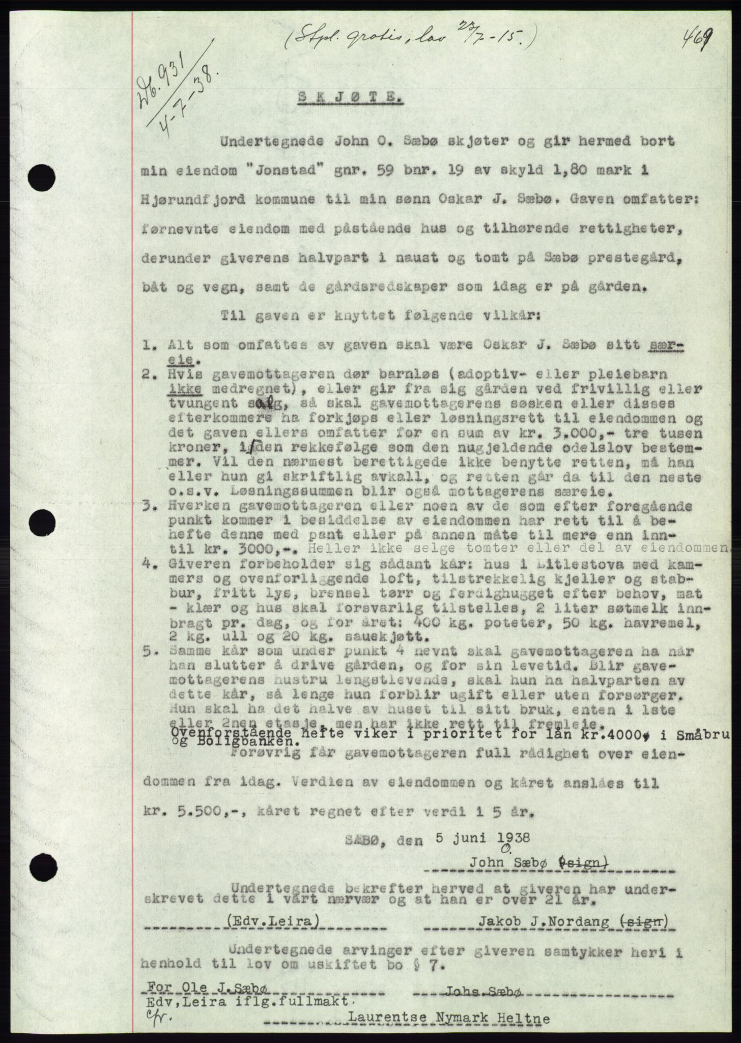 Søre Sunnmøre sorenskriveri, AV/SAT-A-4122/1/2/2C/L0065: Mortgage book no. 59, 1938-1938, Diary no: : 931/1938