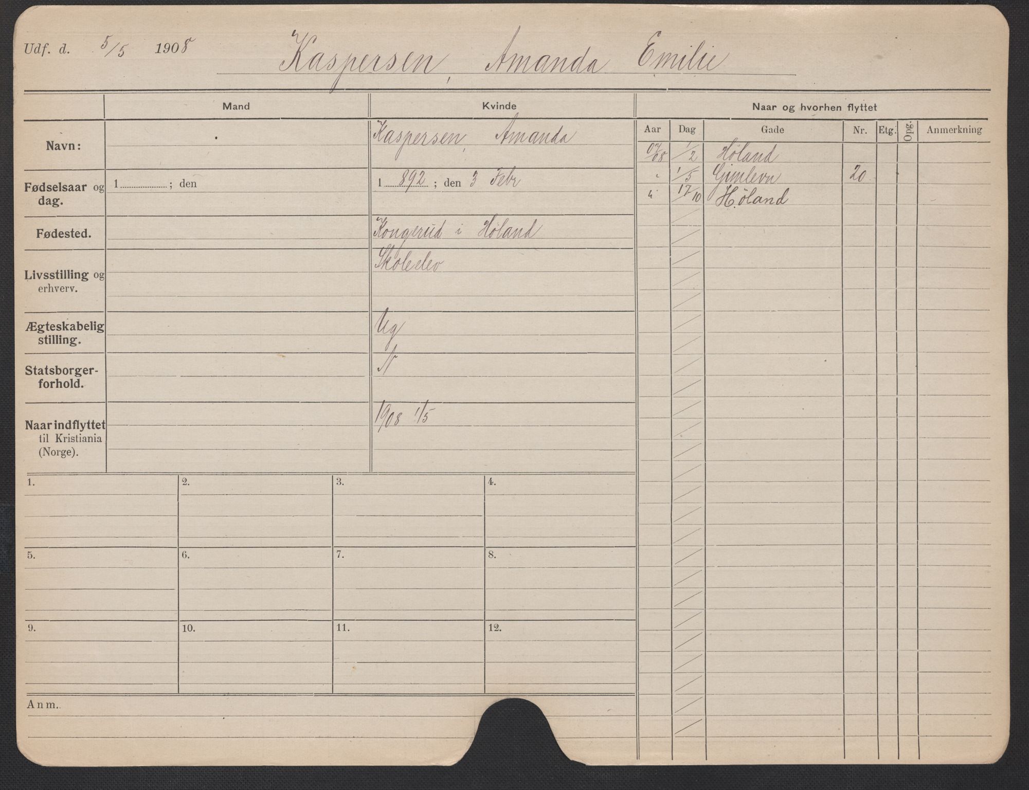 Oslo folkeregister, Registerkort, AV/SAO-A-11715/F/Fa/Fac/L0018: Kvinner, 1906-1914, p. 951a