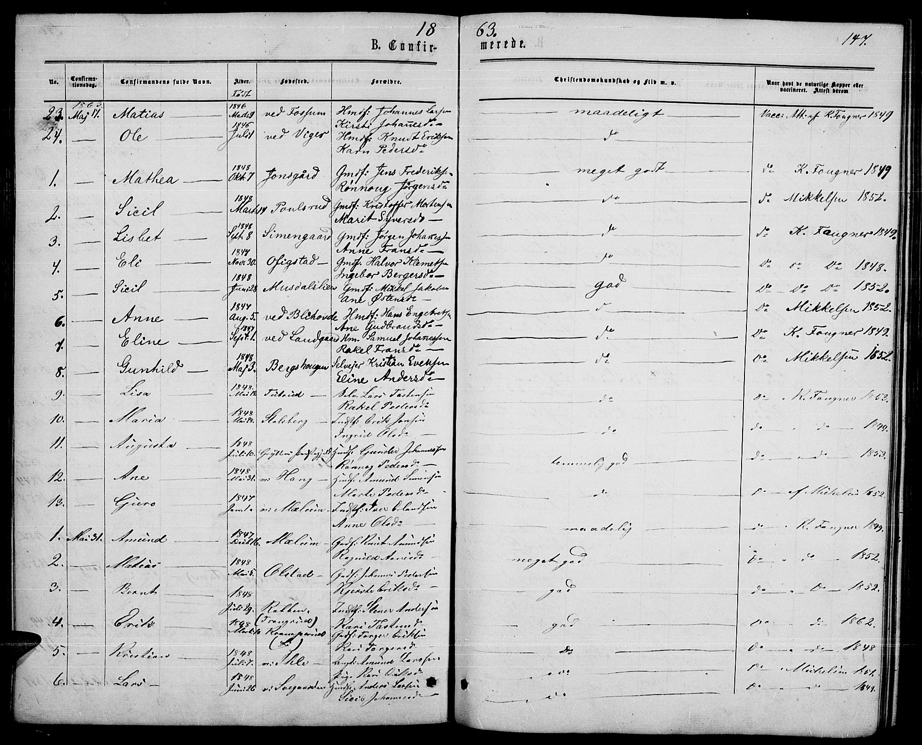 Øyer prestekontor, AV/SAH-PREST-084/H/Ha/Hab/L0001: Parish register (copy) no. 1, 1863-1877, p. 147