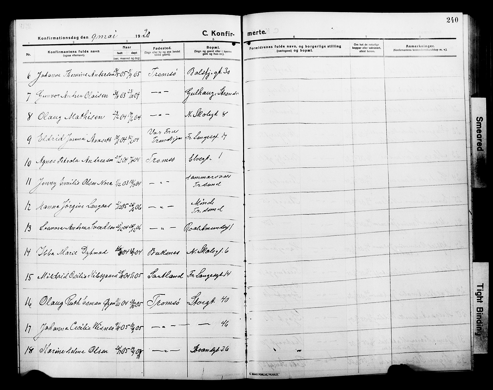 Tromsø sokneprestkontor/stiftsprosti/domprosti, AV/SATØ-S-1343/G/Gb/L0009klokker: Parish register (copy) no. 9, 1915-1925, p. 240