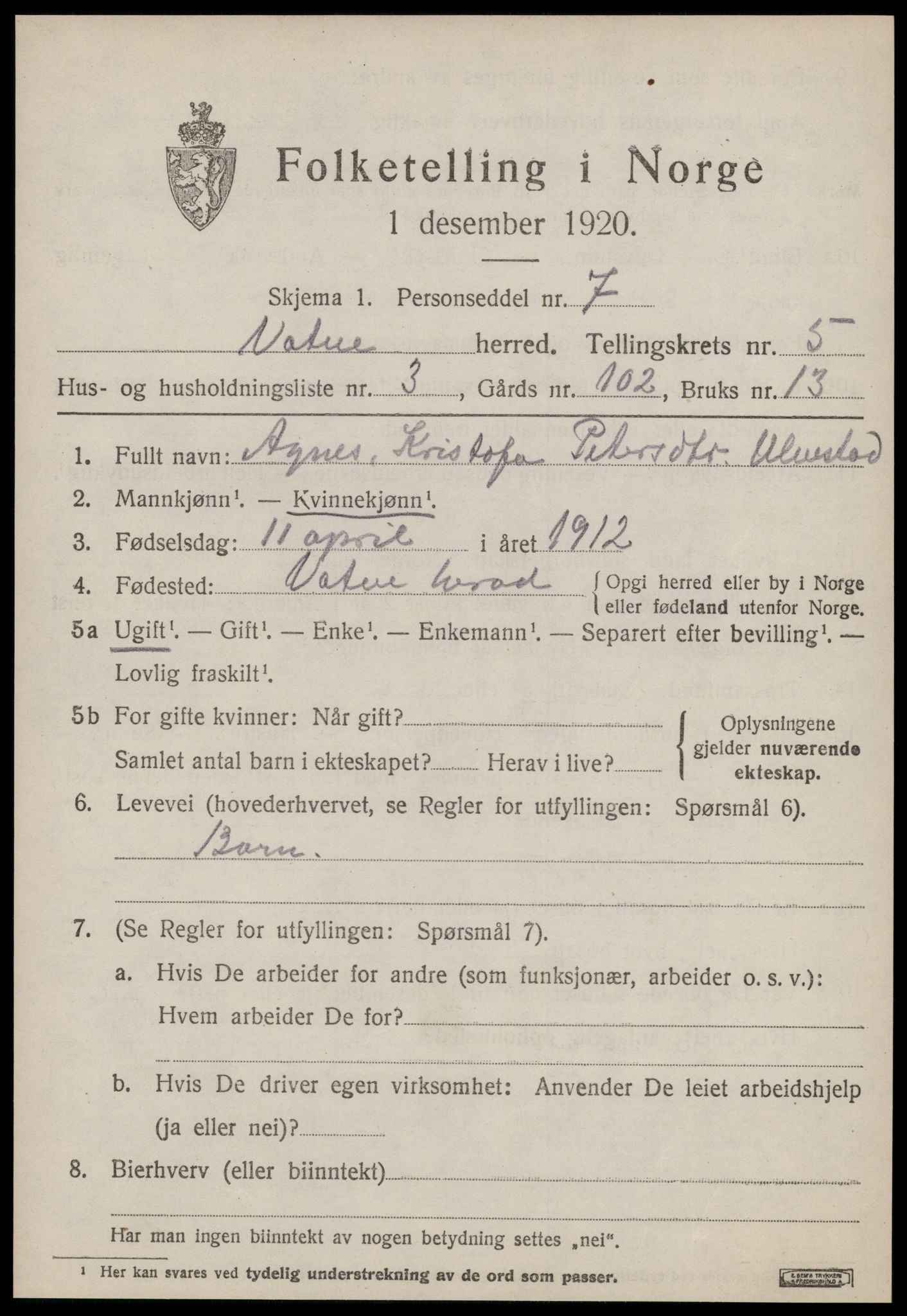 SAT, 1920 census for Vatne, 1920, p. 2178