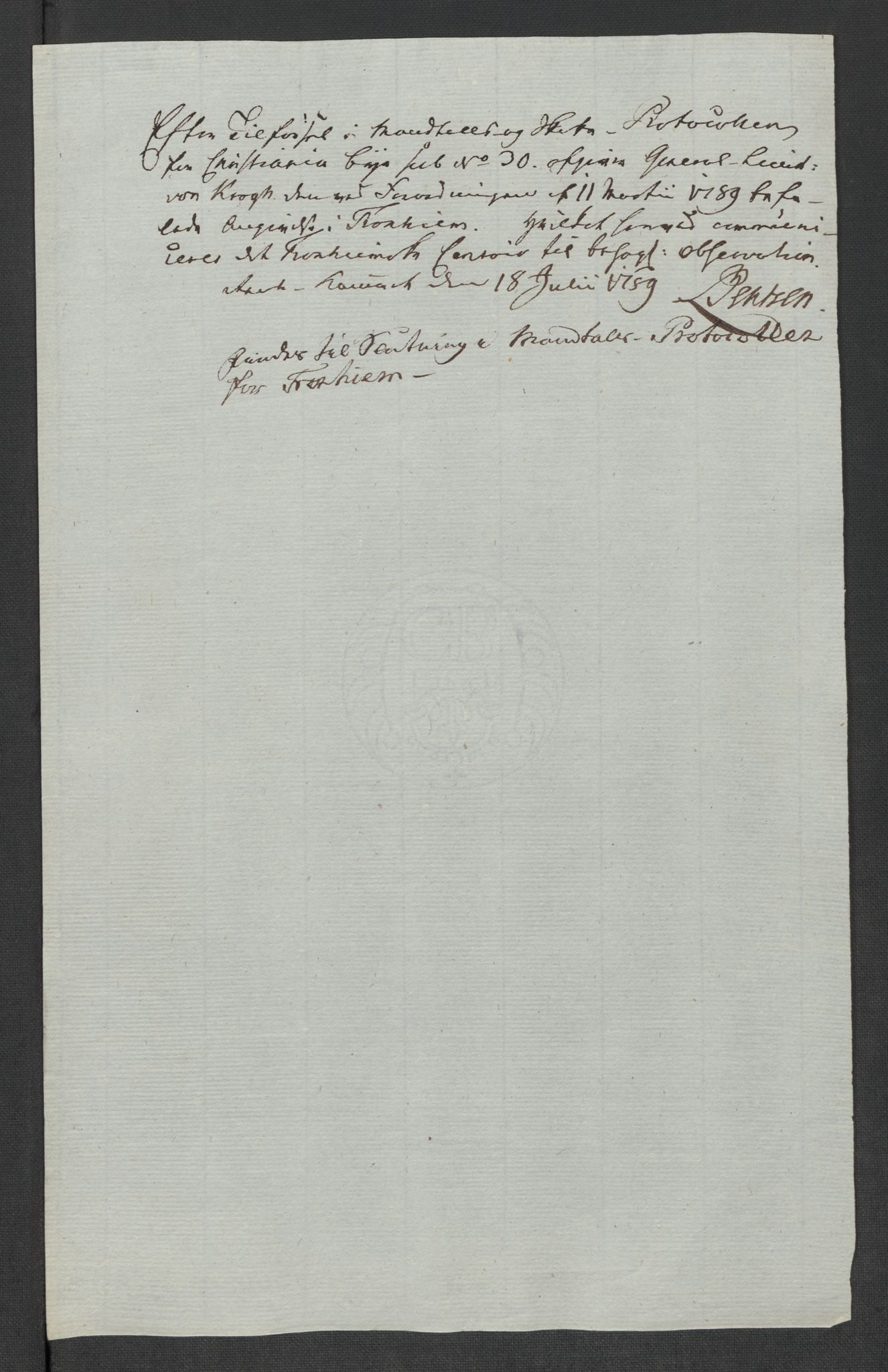 Rentekammeret inntil 1814, Reviderte regnskaper, Mindre regnskaper, AV/RA-EA-4068/Rf/Rfe/L0052:  Trondheim, 1789, p. 279