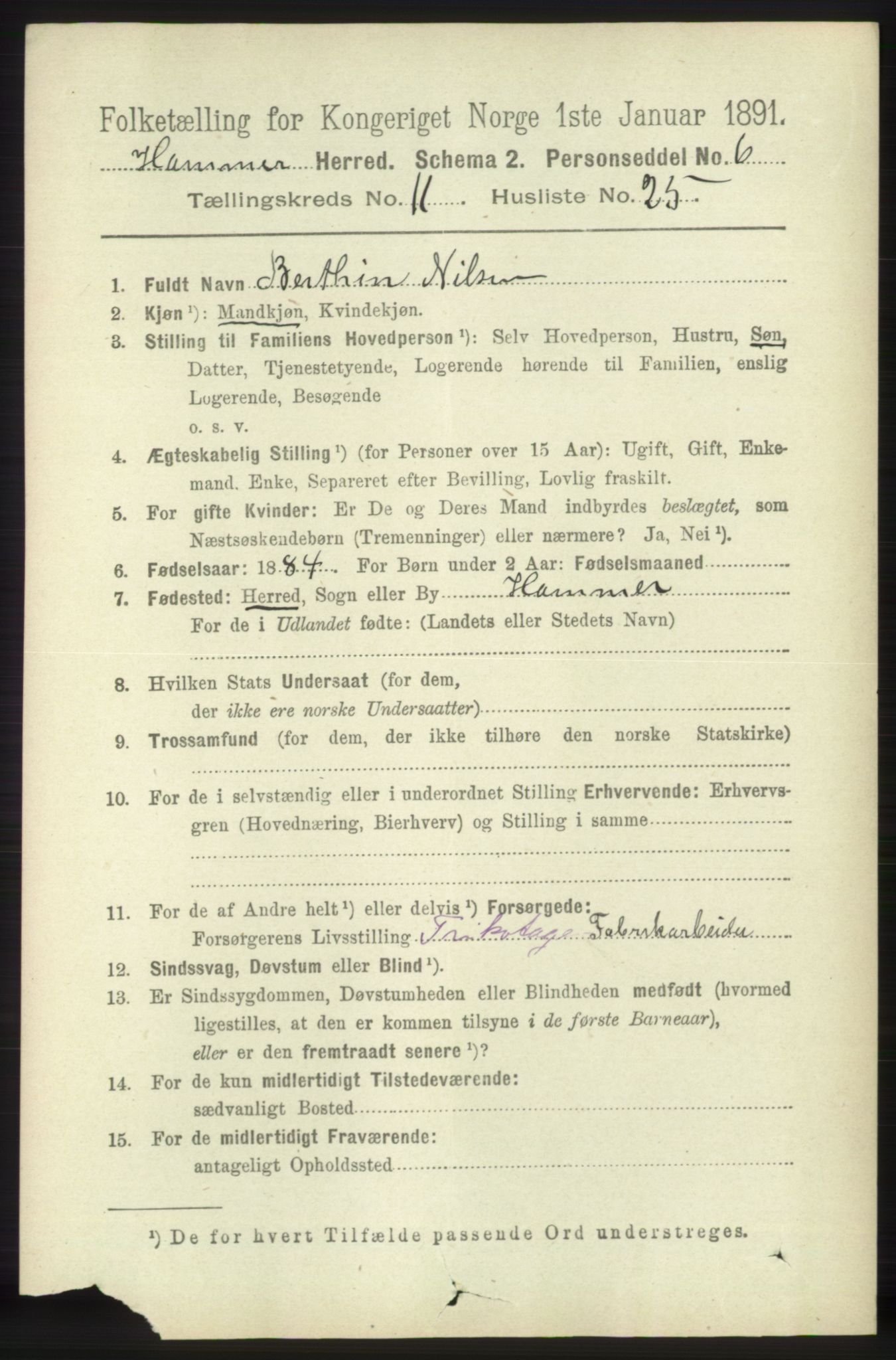 RA, 1891 census for 1254 Hamre, 1891, p. 3405