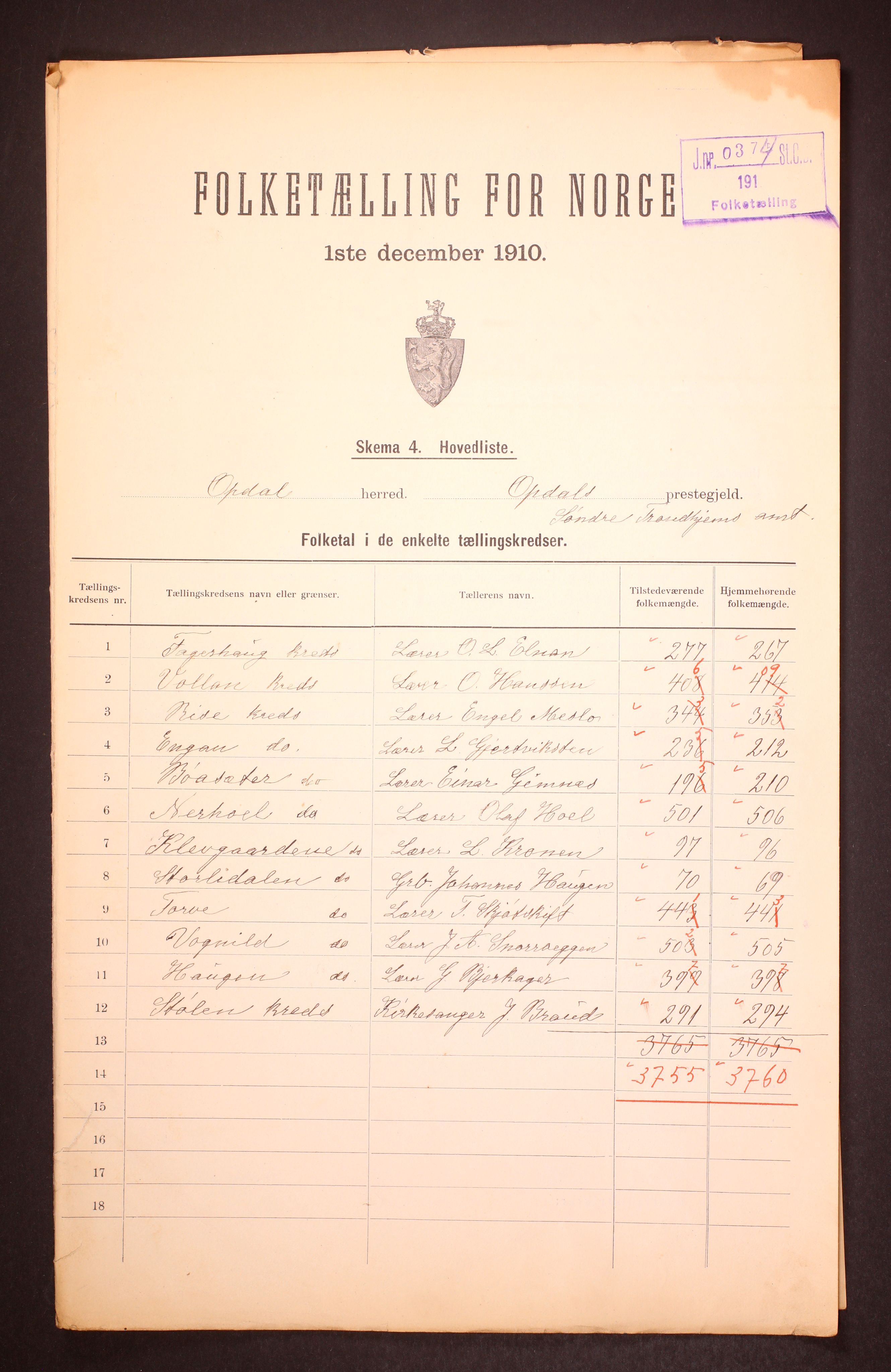 RA, 1910 census for Oppdal, 1910, p. 2