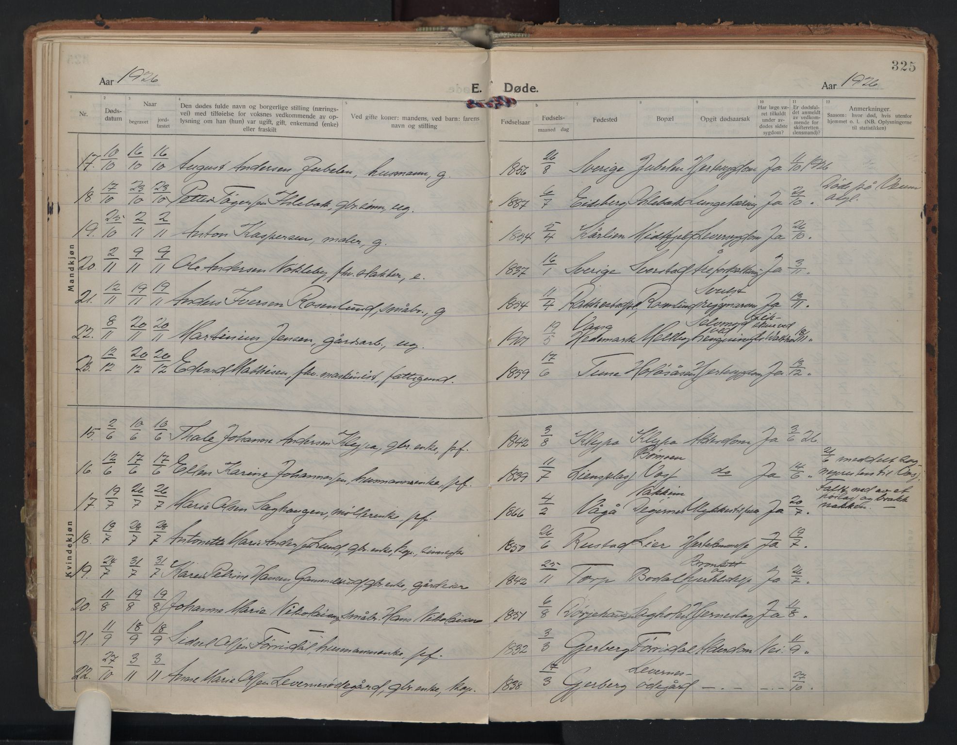 Rakkestad prestekontor Kirkebøker, AV/SAO-A-2008/F/Fa/L0016: Parish register (official) no. I 16, 1922-1943, p. 325