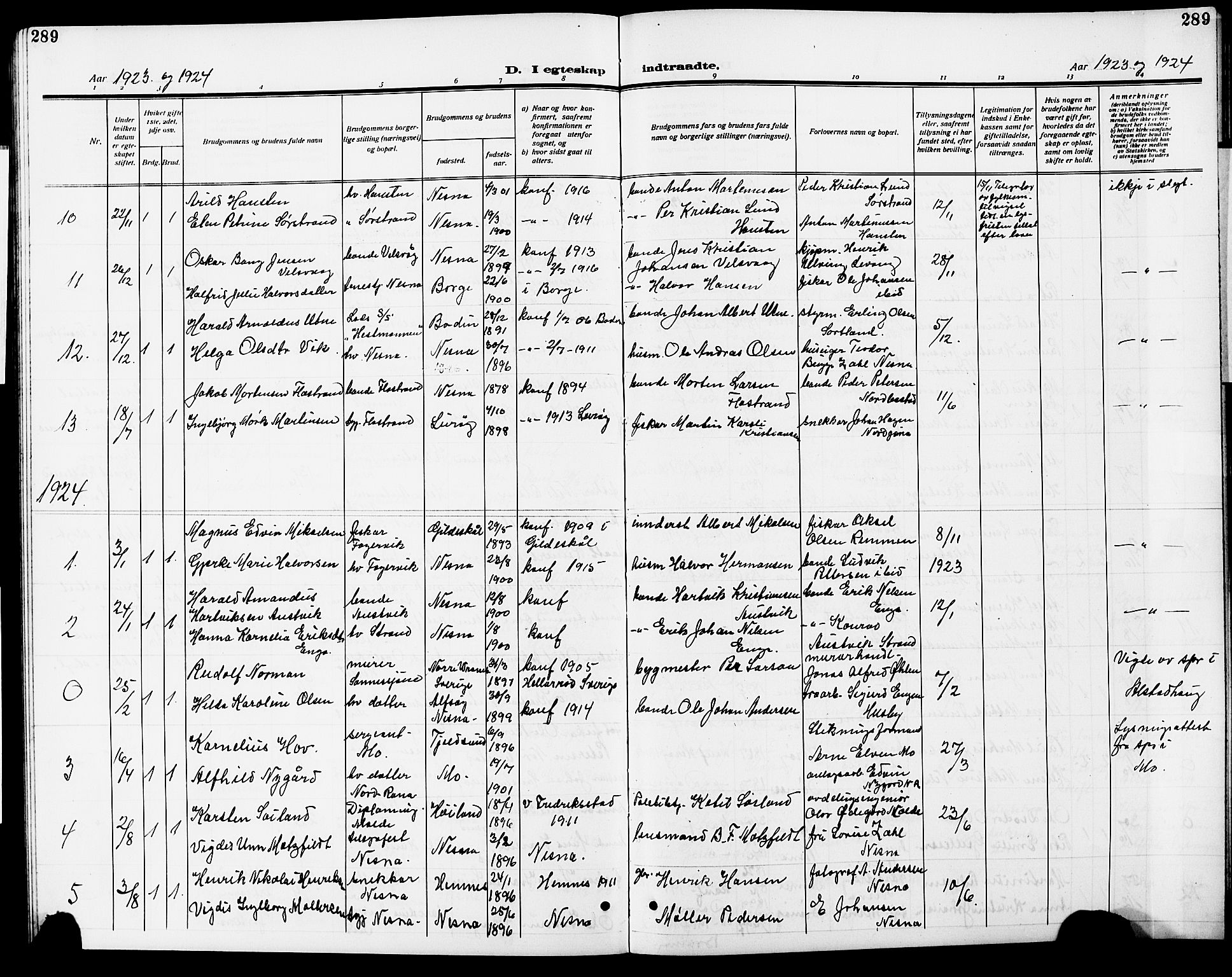 Ministerialprotokoller, klokkerbøker og fødselsregistre - Nordland, AV/SAT-A-1459/838/L0560: Parish register (copy) no. 838C07, 1910-1928, p. 289