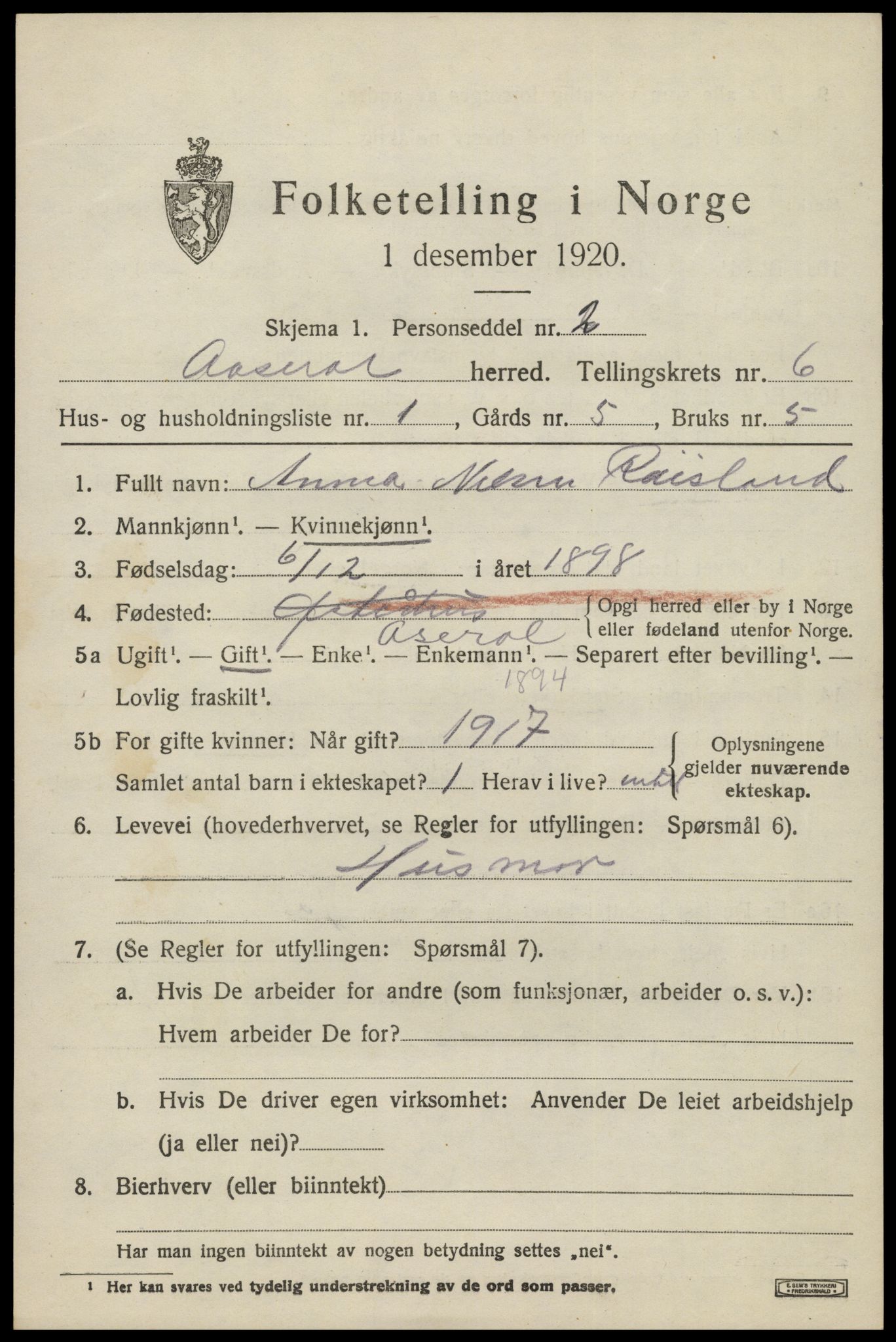 SAK, 1920 census for Åseral, 1920, p. 1798