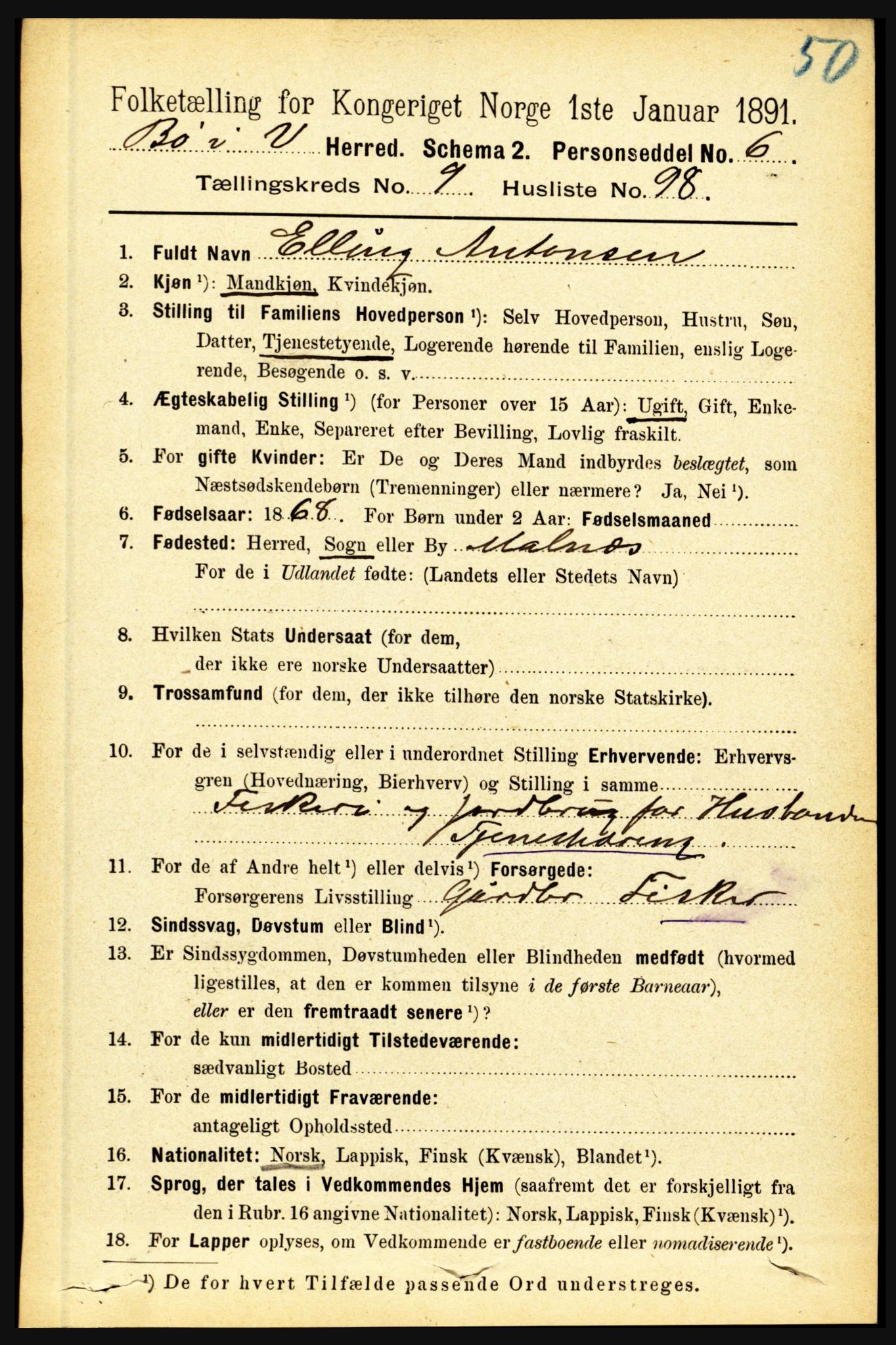 RA, 1891 census for 1867 Bø, 1891, p. 3977