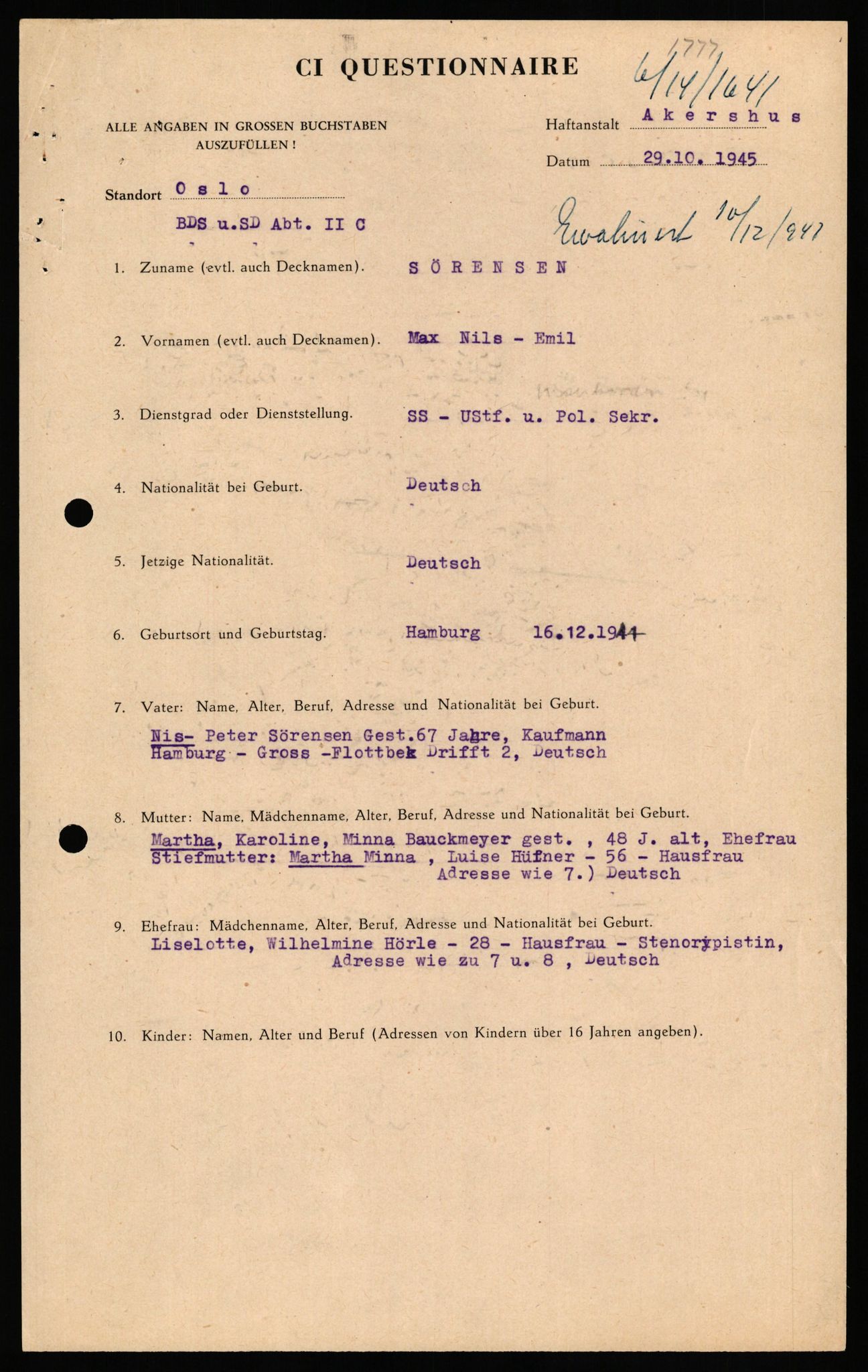 Forsvaret, Forsvarets overkommando II, RA/RAFA-3915/D/Db/L0033: CI Questionaires. Tyske okkupasjonsstyrker i Norge. Tyskere., 1945-1946, p. 341