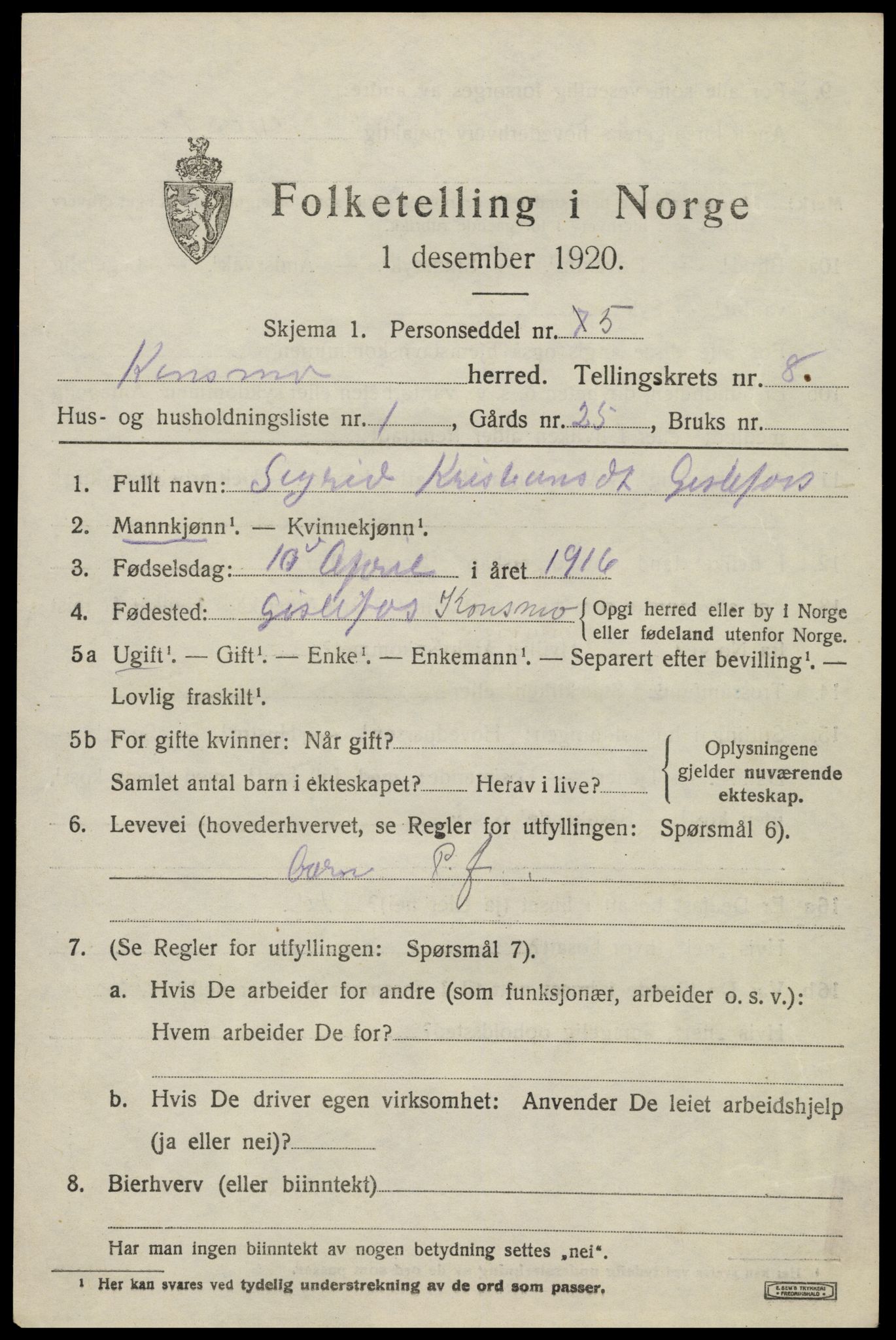 SAK, 1920 census for Konsmo, 1920, p. 1644