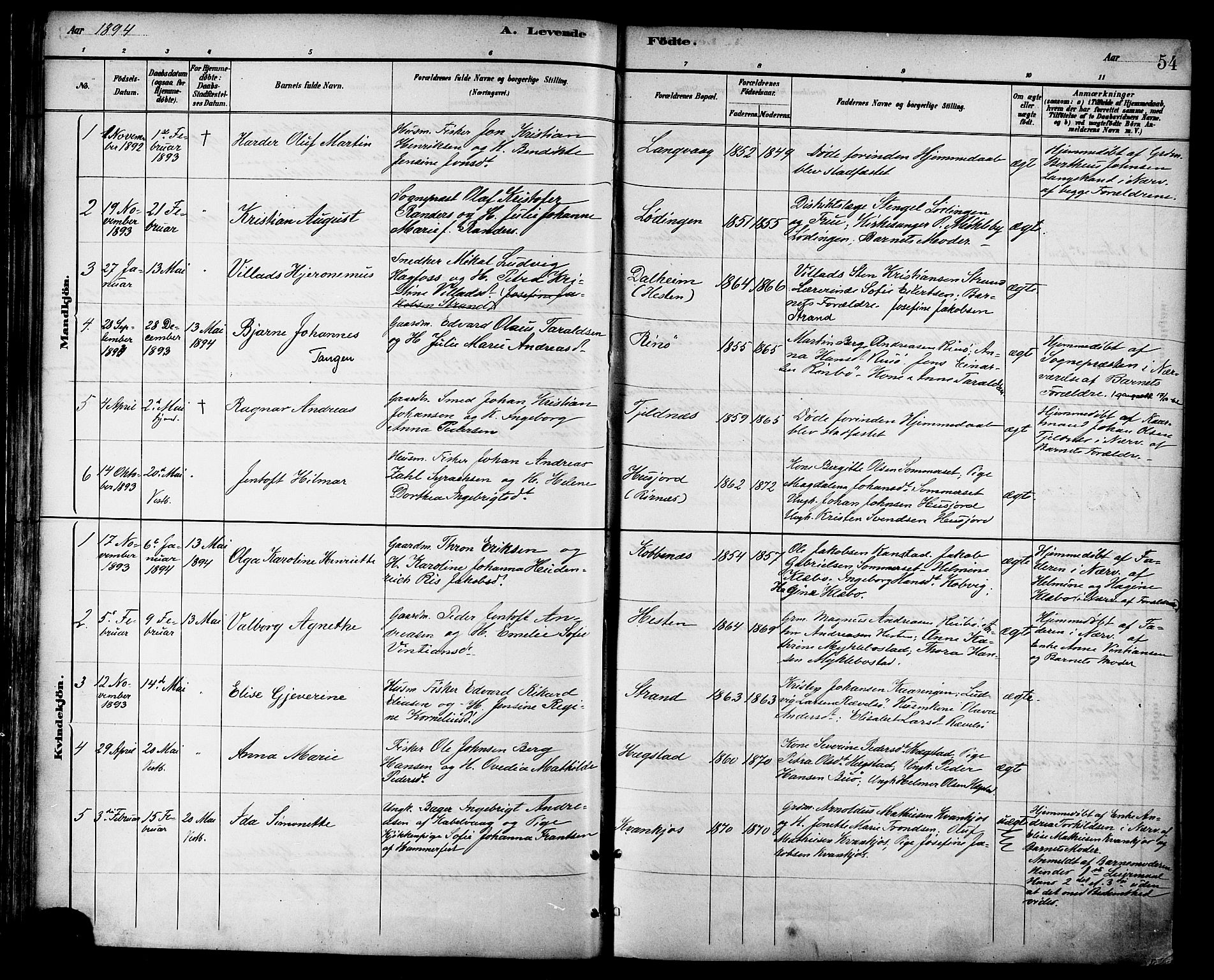 Ministerialprotokoller, klokkerbøker og fødselsregistre - Nordland, SAT/A-1459/872/L1035: Parish register (official) no. 872A10, 1884-1896, p. 54