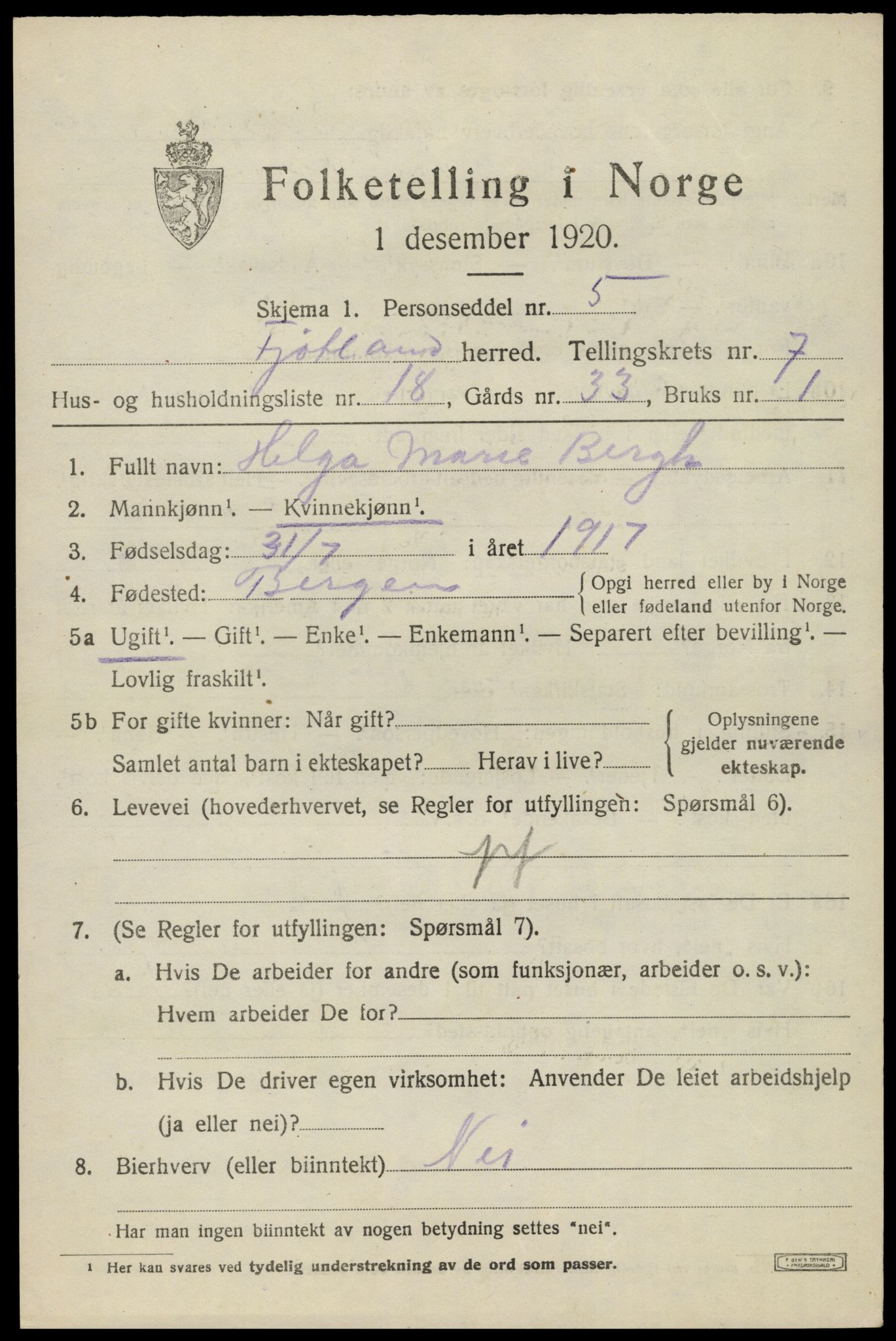 SAK, 1920 census for Fjotland, 1920, p. 1986