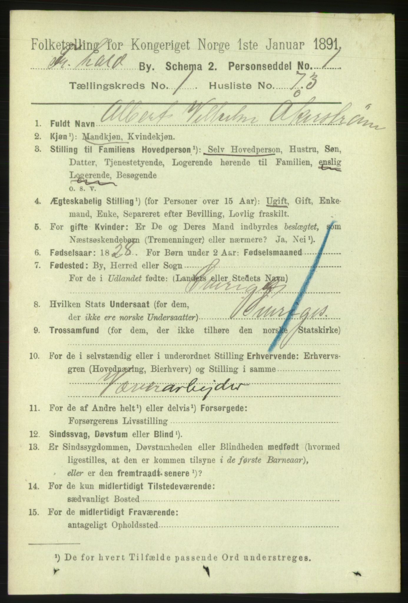 RA, 1891 census for 0101 Fredrikshald, 1891, p. 2652