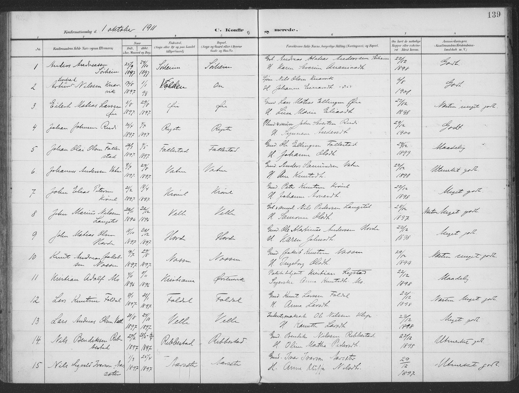 Ministerialprotokoller, klokkerbøker og fødselsregistre - Møre og Romsdal, SAT/A-1454/513/L0178: Parish register (official) no. 513A05, 1906-1919, p. 139