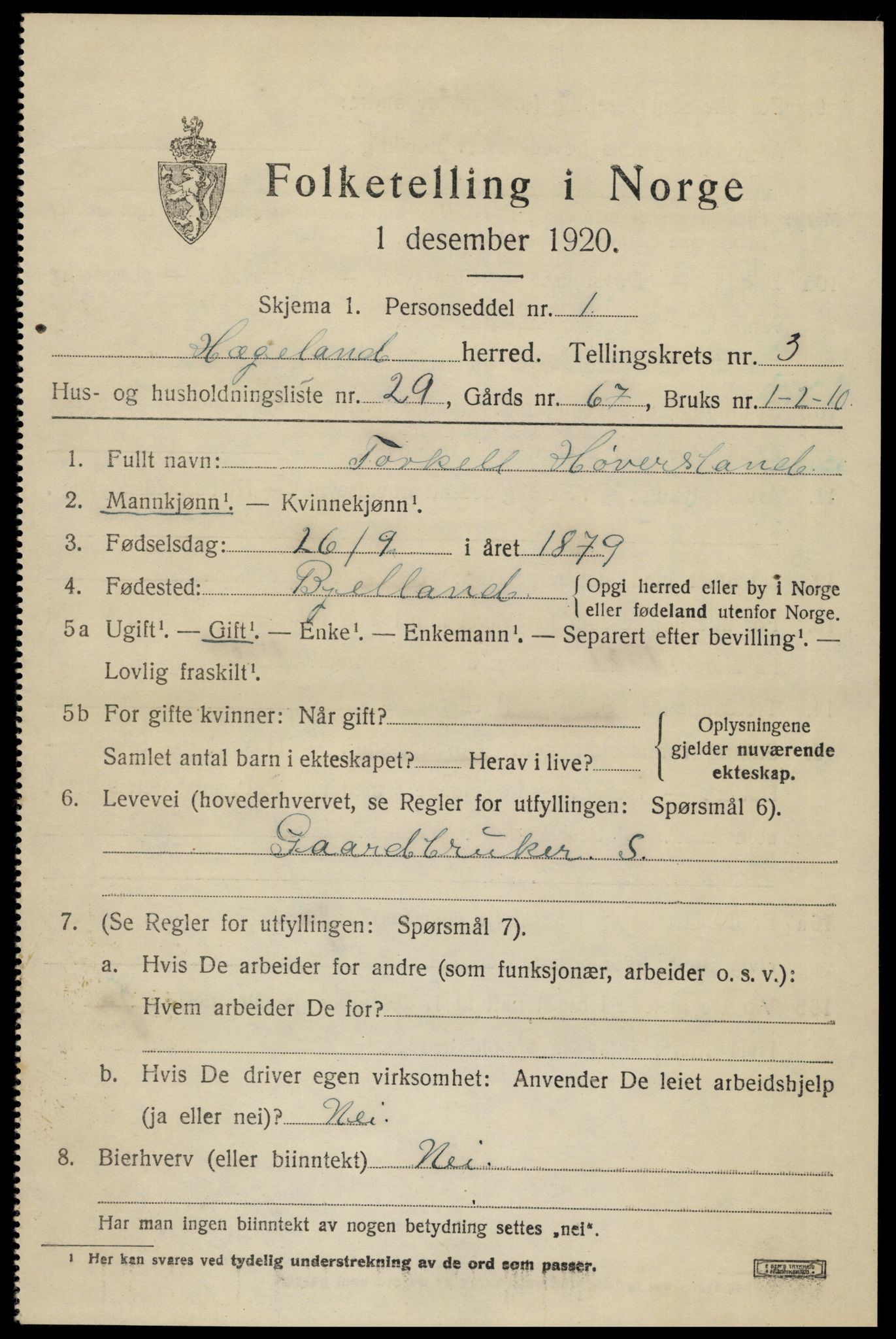 SAK, 1920 census for Hægeland, 1920, p. 1297