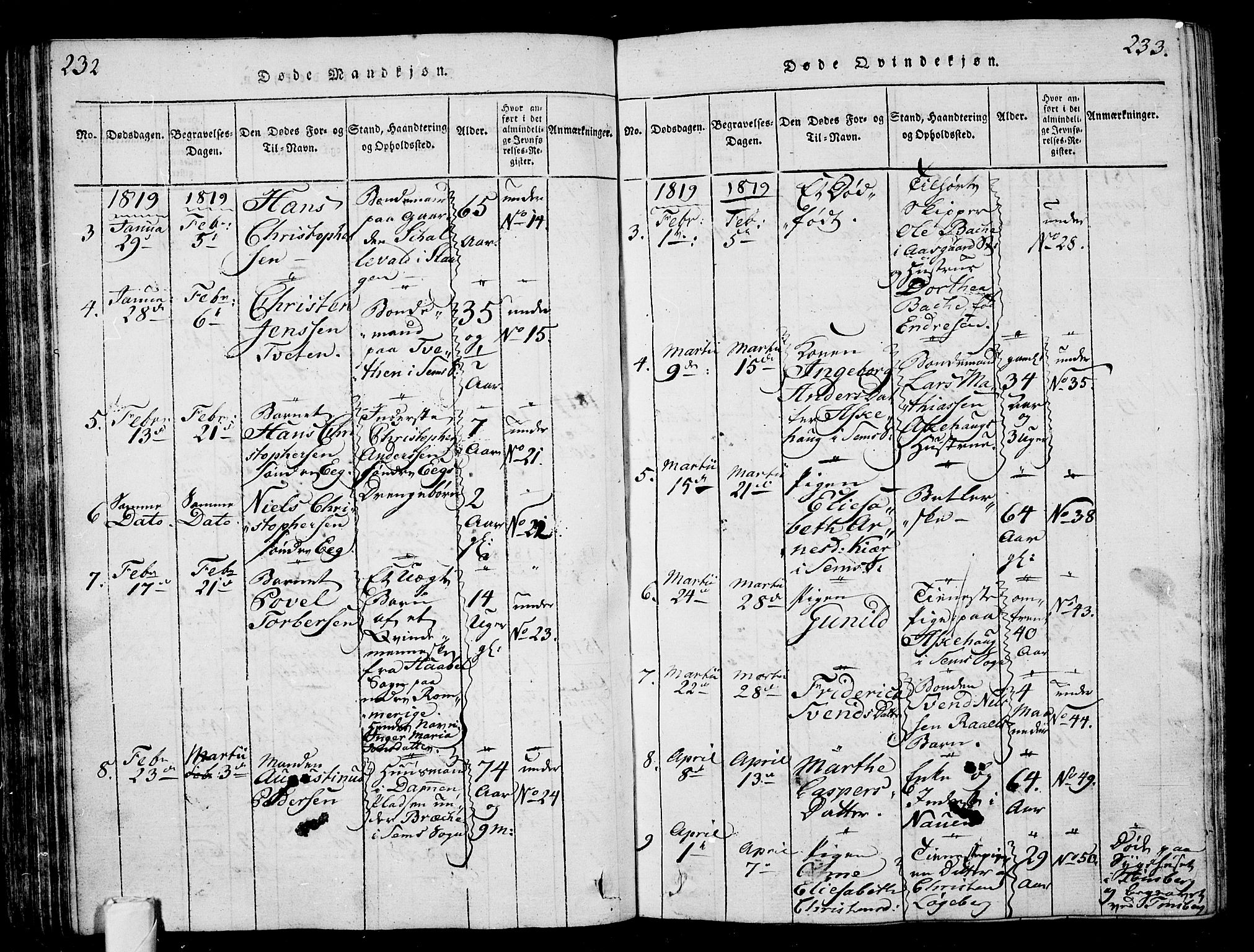 Sem kirkebøker, AV/SAKO-A-5/G/Ga/L0001: Parish register (copy) no. I 1, 1814-1825, p. 232-233