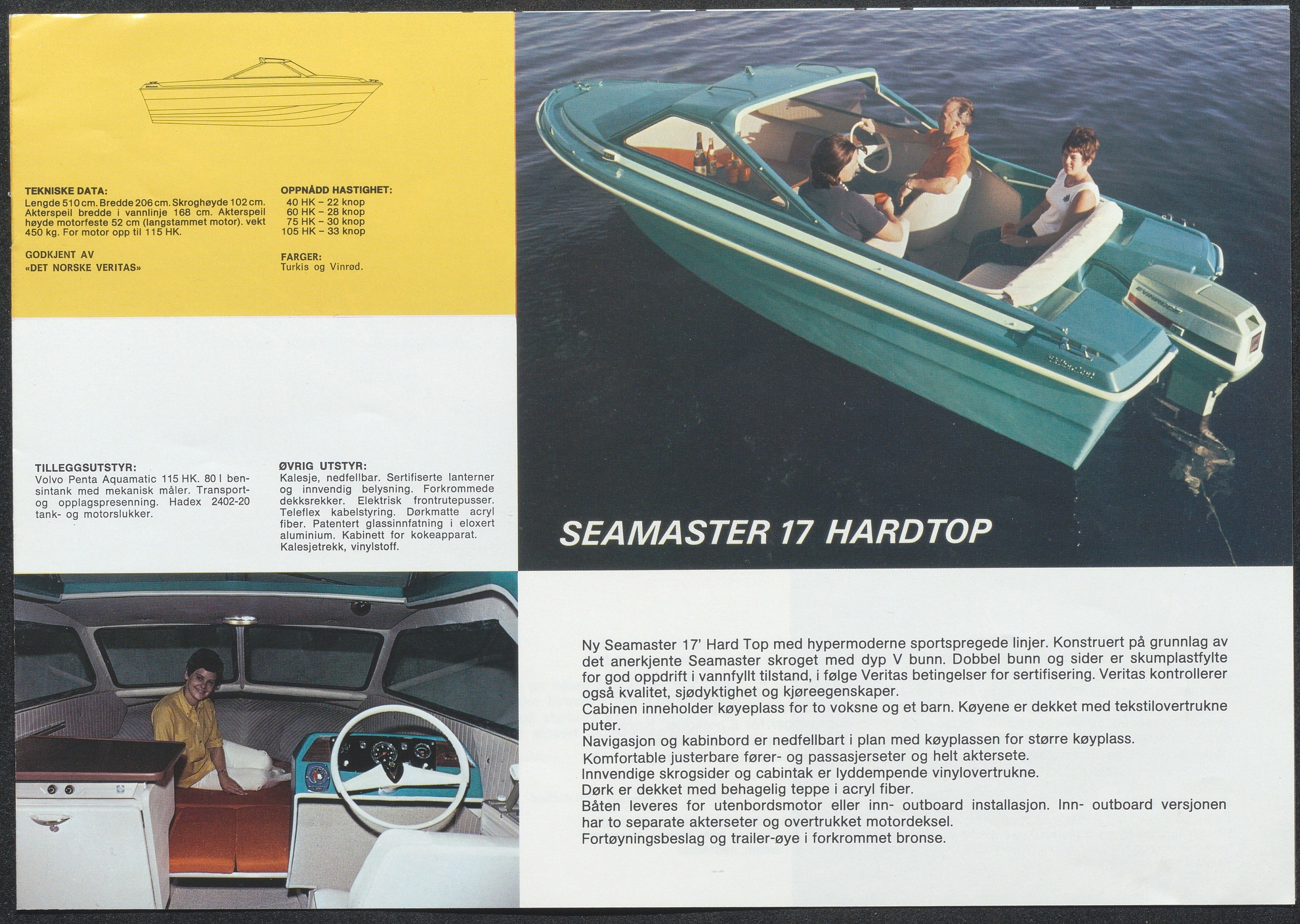 Skibsplast, AAKS/PA-2968/01/X/X01/L0001/0011: Brosjyrer / Seamaster 17 Tour-cruiser (1970-1976). Seamaster 17 Hardtop (1970/71-1975). Sport-Master 15 Hardtop (1970-1986). Sport-Master 15 VS (1971-1987). Sportsmann 14 (1971-1989). 19' Family-ship (1976-1984). 19' Sport-ship (1973-1984), 1970-1989