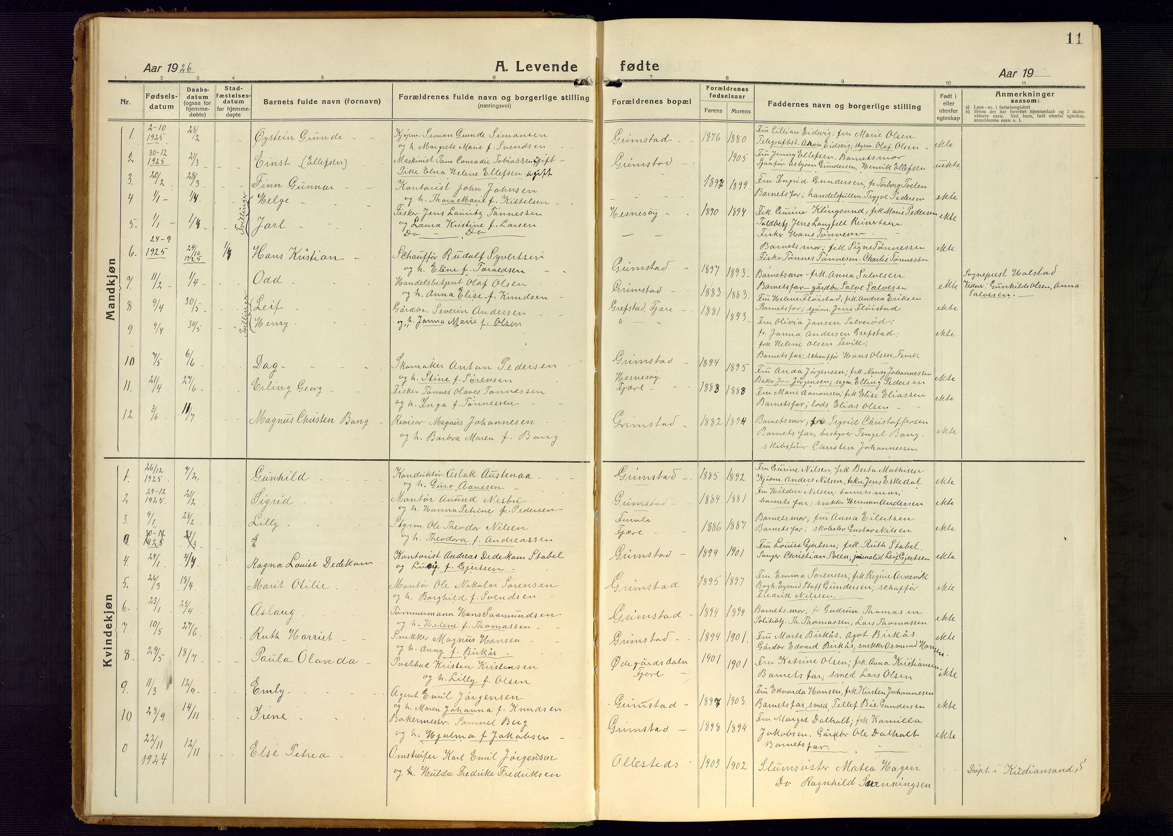 Grimstad sokneprestkontor, SAK/1111-0017/F/Fb/L0002: Parish register (copy) no. B 2, 1923-1949, p. 11