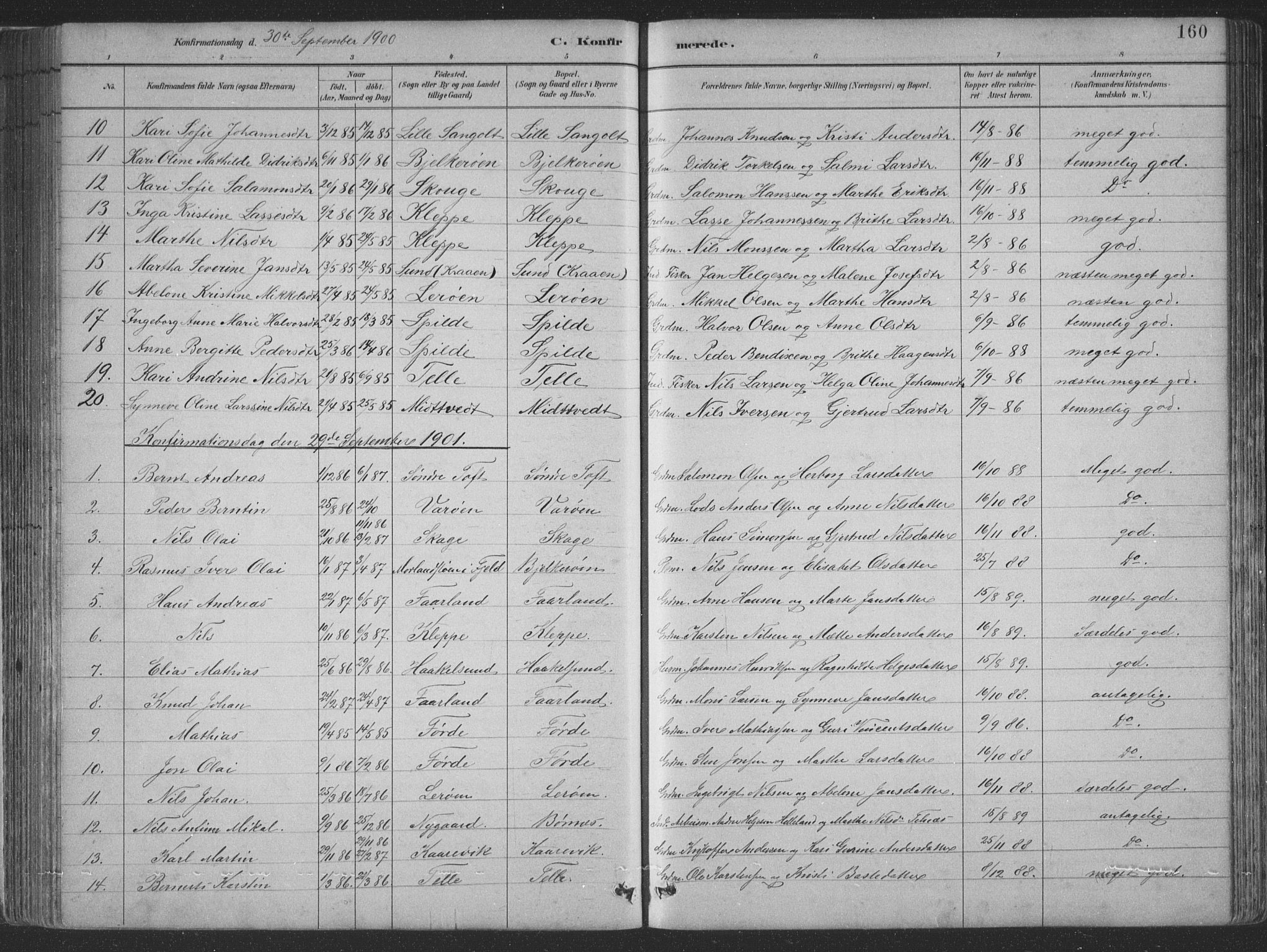 Sund sokneprestembete, SAB/A-99930: Parish register (copy) no. B 3, 1882-1911, p. 160