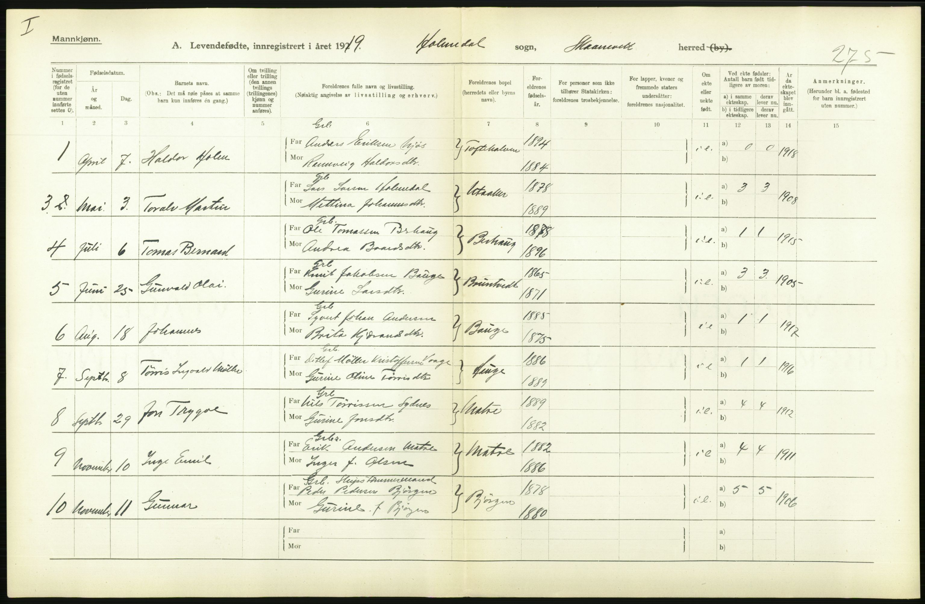 Statistisk sentralbyrå, Sosiodemografiske emner, Befolkning, RA/S-2228/D/Df/Dfb/Dfbi/L0031: Hordaland fylke: Levendefødte menn og kvinner. Bygder., 1919, p. 536