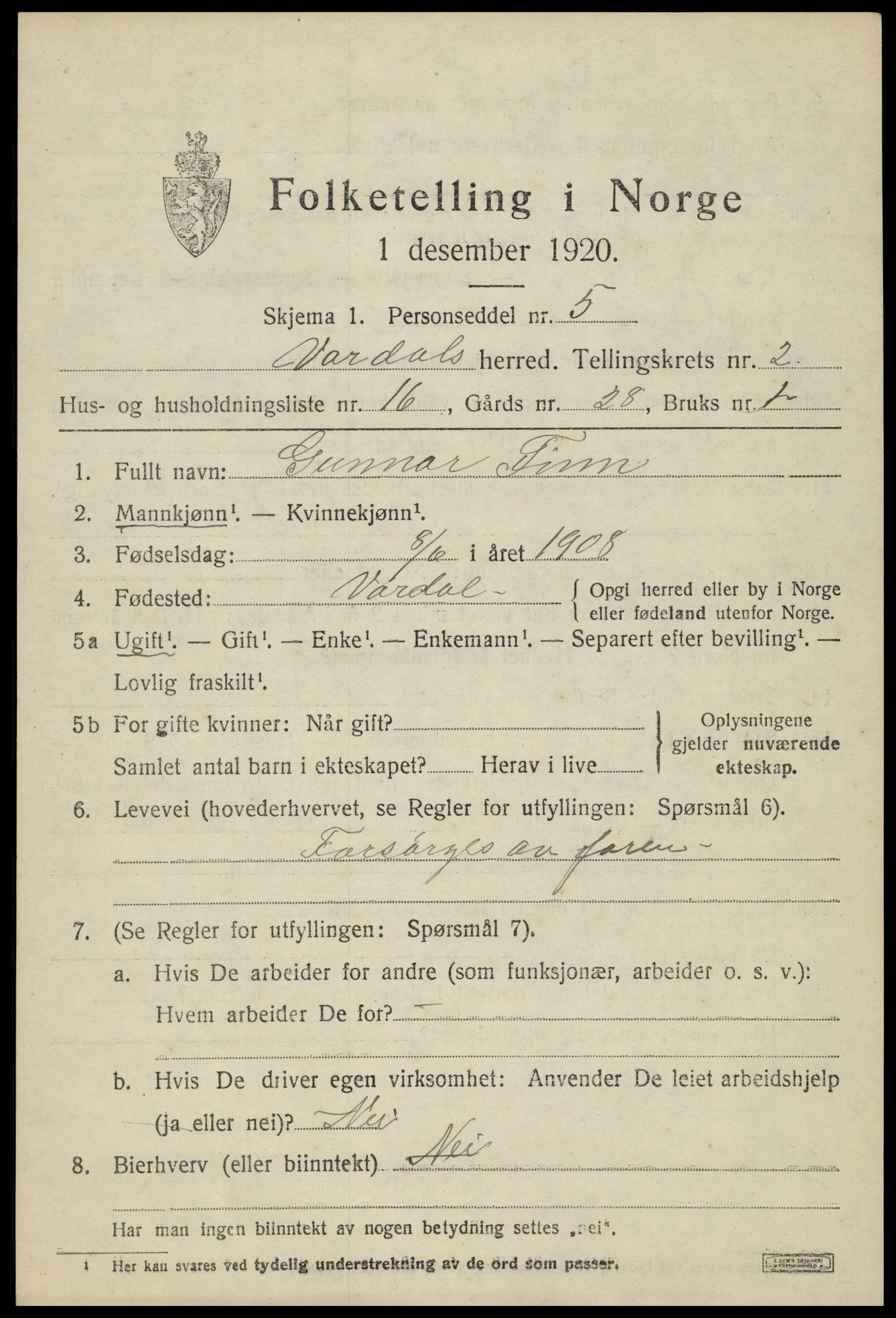 SAH, 1920 census for Vardal, 1920, p. 2645