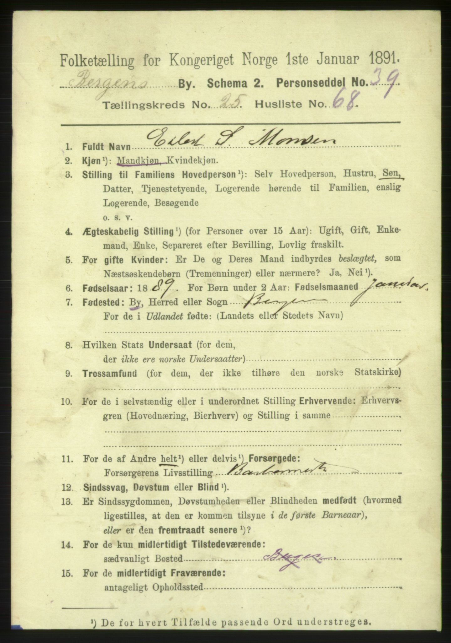 RA, 1891 Census for 1301 Bergen, 1891, p. 34309