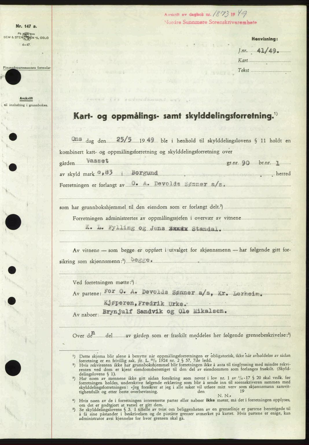 Nordre Sunnmøre sorenskriveri, AV/SAT-A-0006/1/2/2C/2Ca: Mortgage book no. A32, 1949-1949, Diary no: : 1873/1949