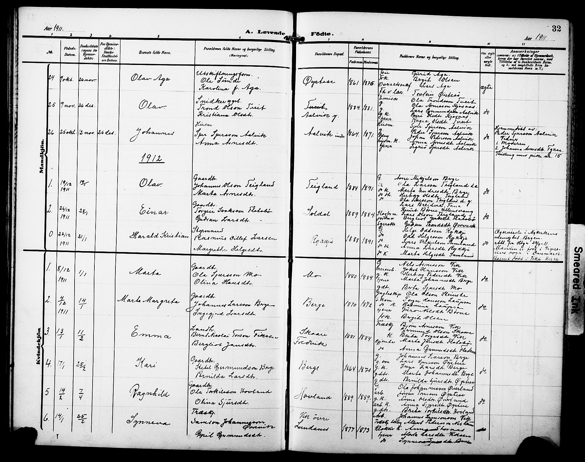 Kvam sokneprestembete, AV/SAB-A-76201/H/Hab: Parish register (copy) no. C 4, 1906-1931, p. 32