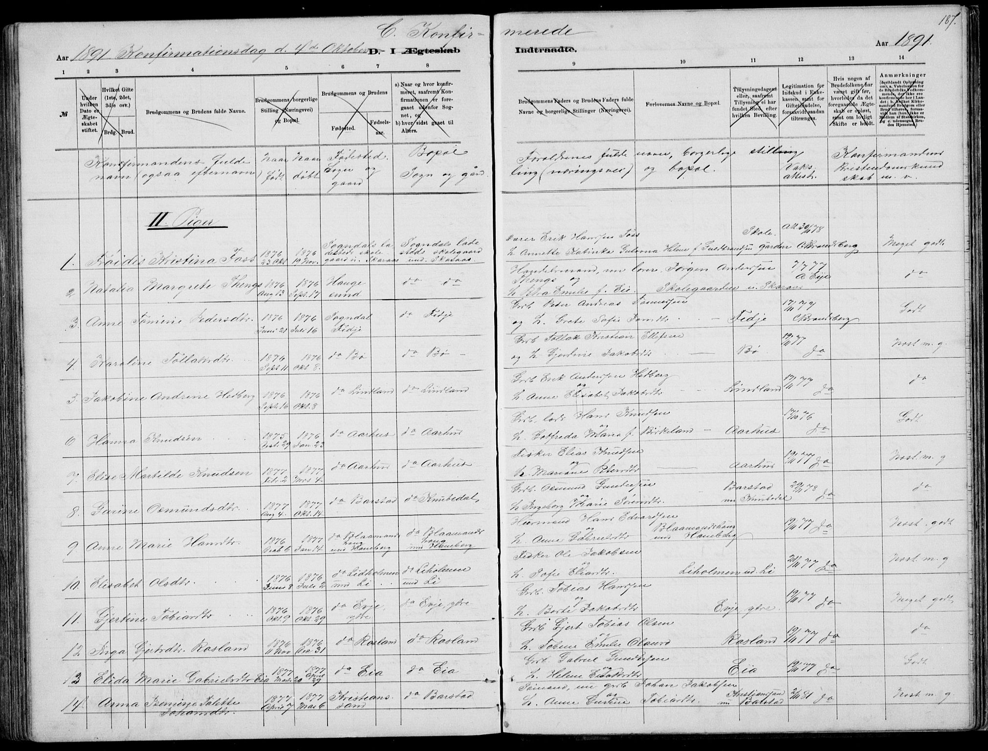 Sokndal sokneprestkontor, AV/SAST-A-101808: Parish register (copy) no. B 4, 1880-1891, p. 187