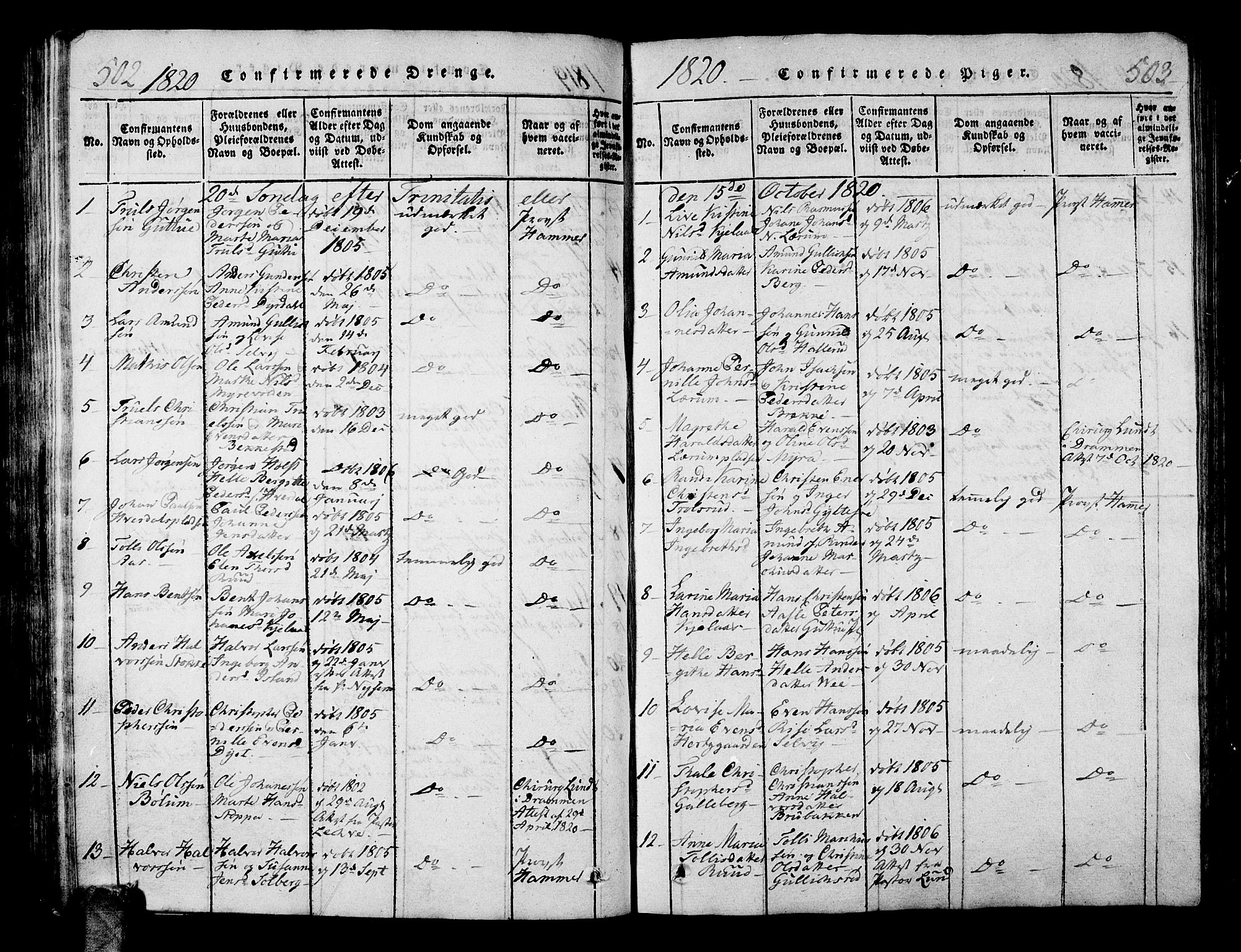Sande Kirkebøker, SAKO/A-53/G/Ga/L0001: Parish register (copy) no. 1, 1814-1847, p. 502-503