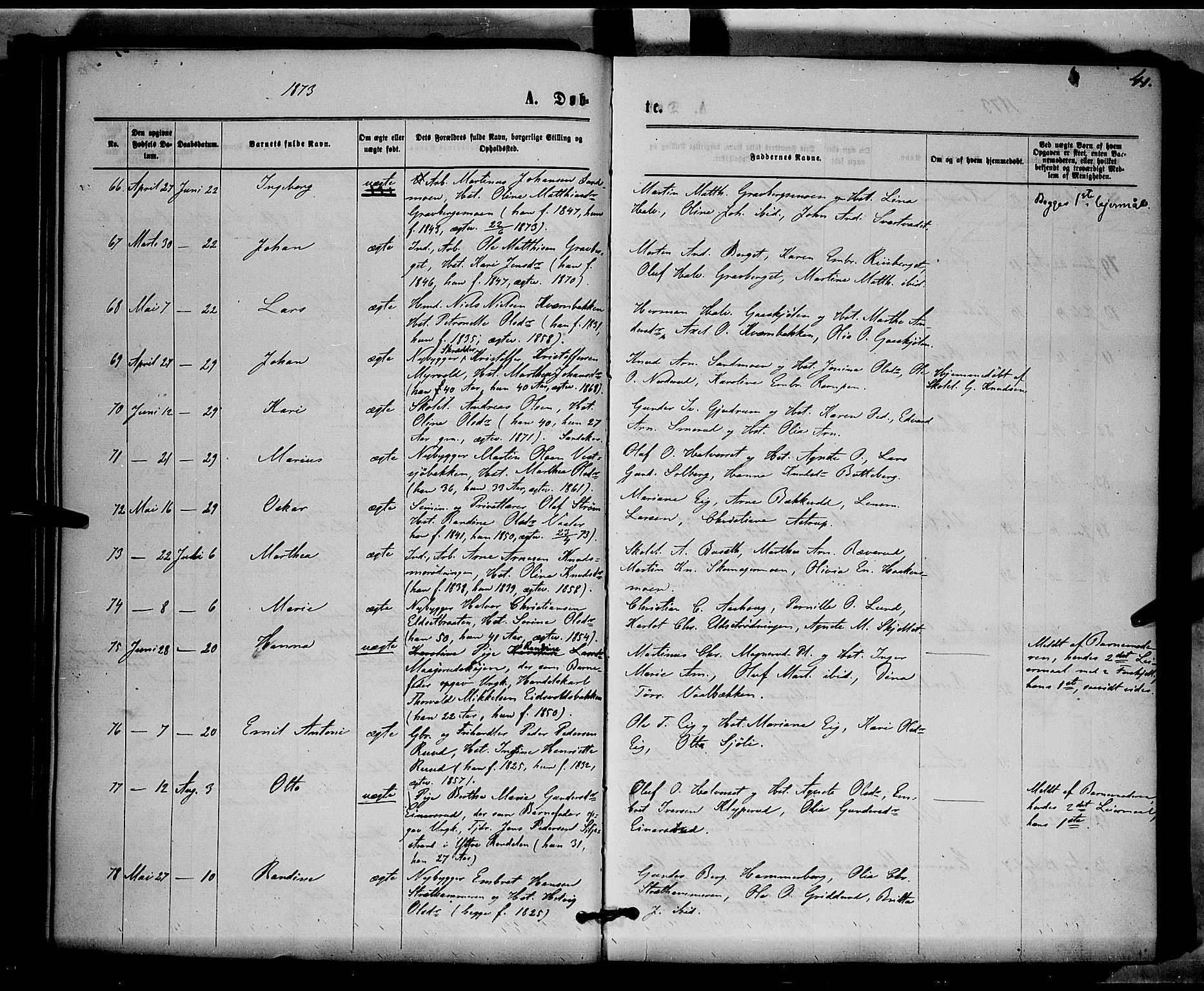 Våler prestekontor, Hedmark, AV/SAH-PREST-040/H/Ha/Haa/L0002: Parish register (official) no. 2, 1867-1878, p. 41