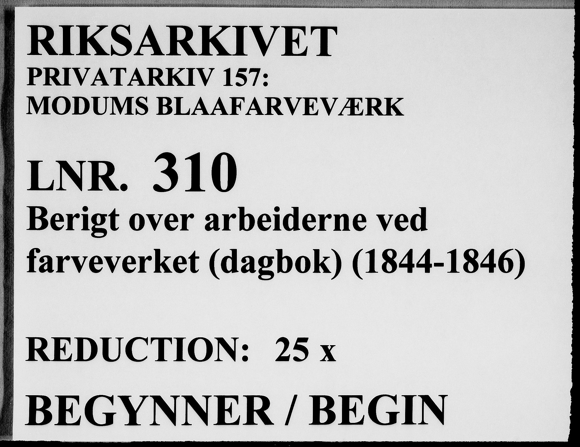 Modums Blaafarveværk, RA/PA-0157/G/Ge/L0310/0001: -- / Berigt over arbeiderne ved farveverket (Dagbok for Modums Blaafarveværk), 1844-1846, p. 1
